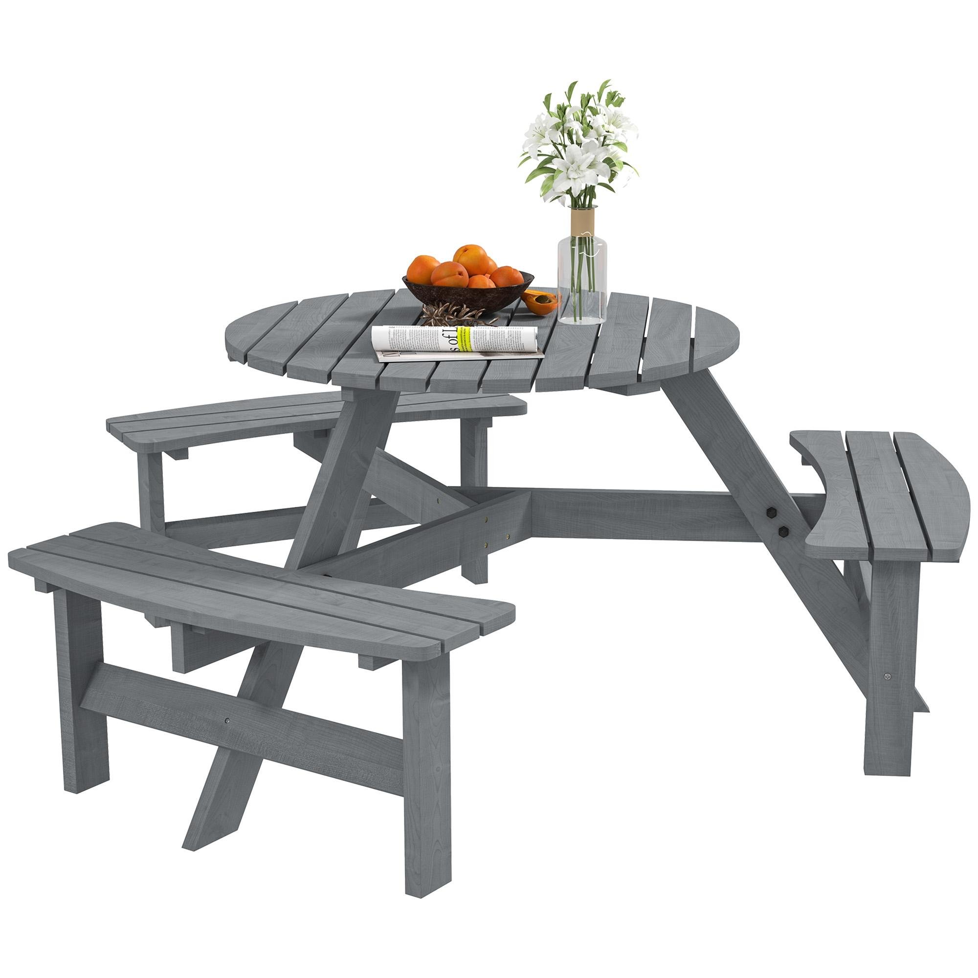 Grey Fir Wood Table Set with Built-In Benches for 6