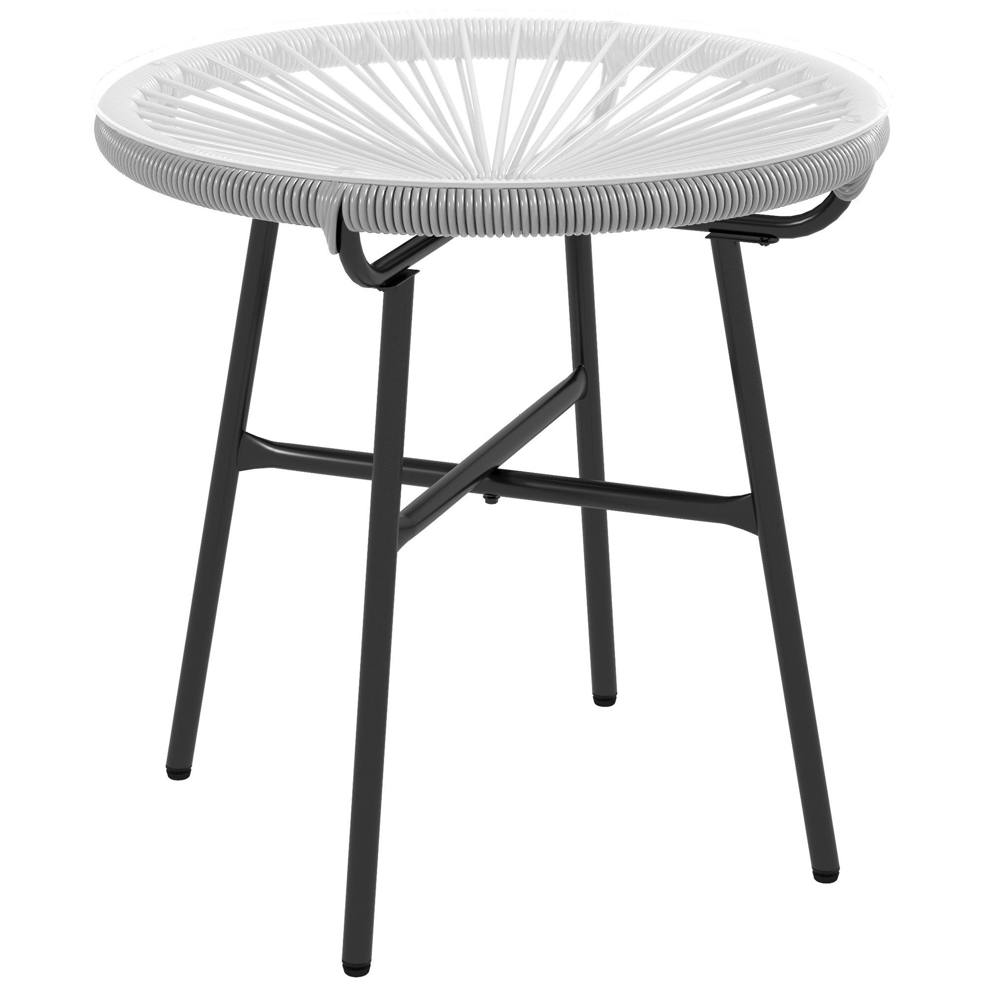 Grey Round Rattan Side Table with Tempered Glass, 50 cm