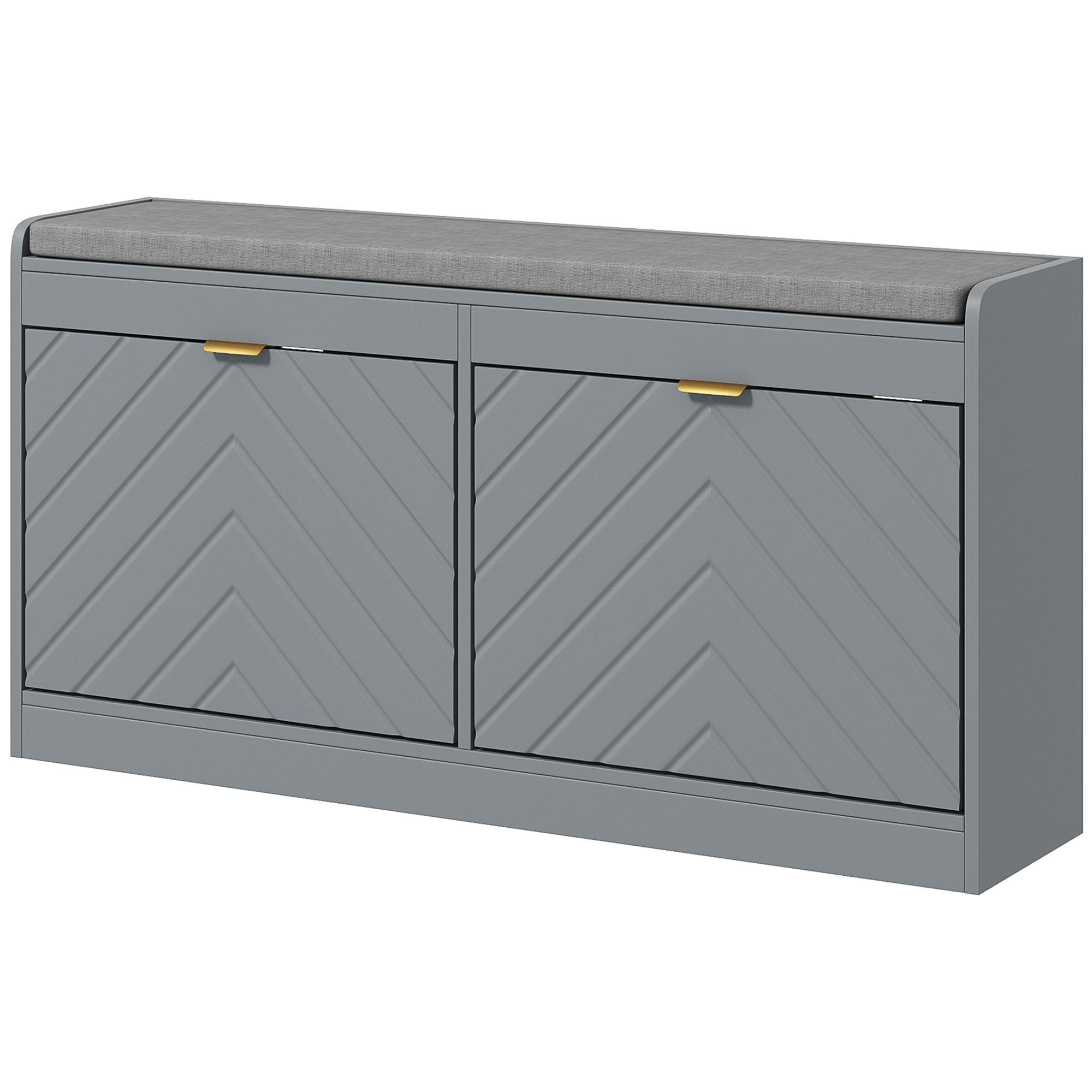 Grey Upholstered Shoe Bench with 8-Pair Flip Storage