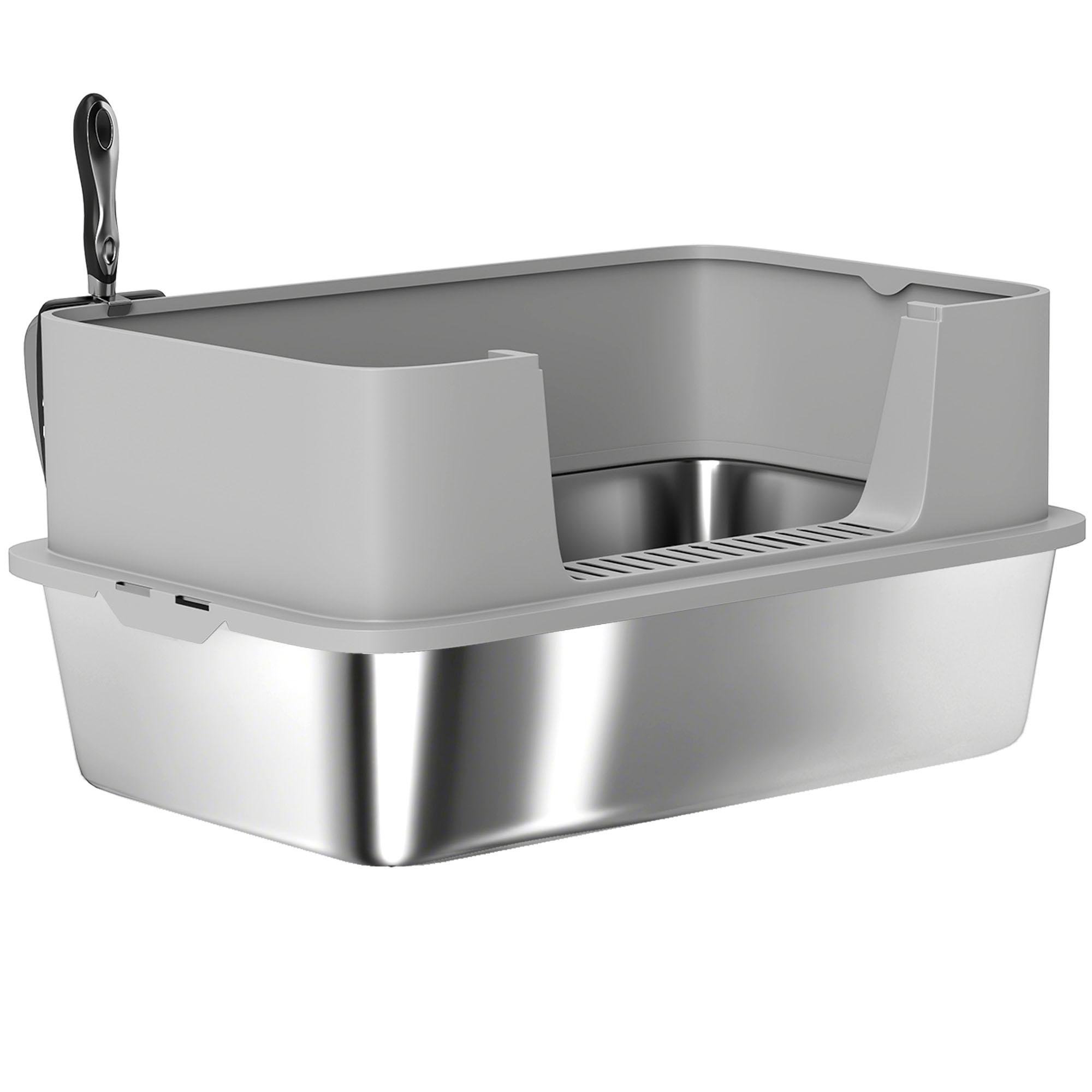 Grey Stainless Steel Cat Box with High Sides, 23.7 in