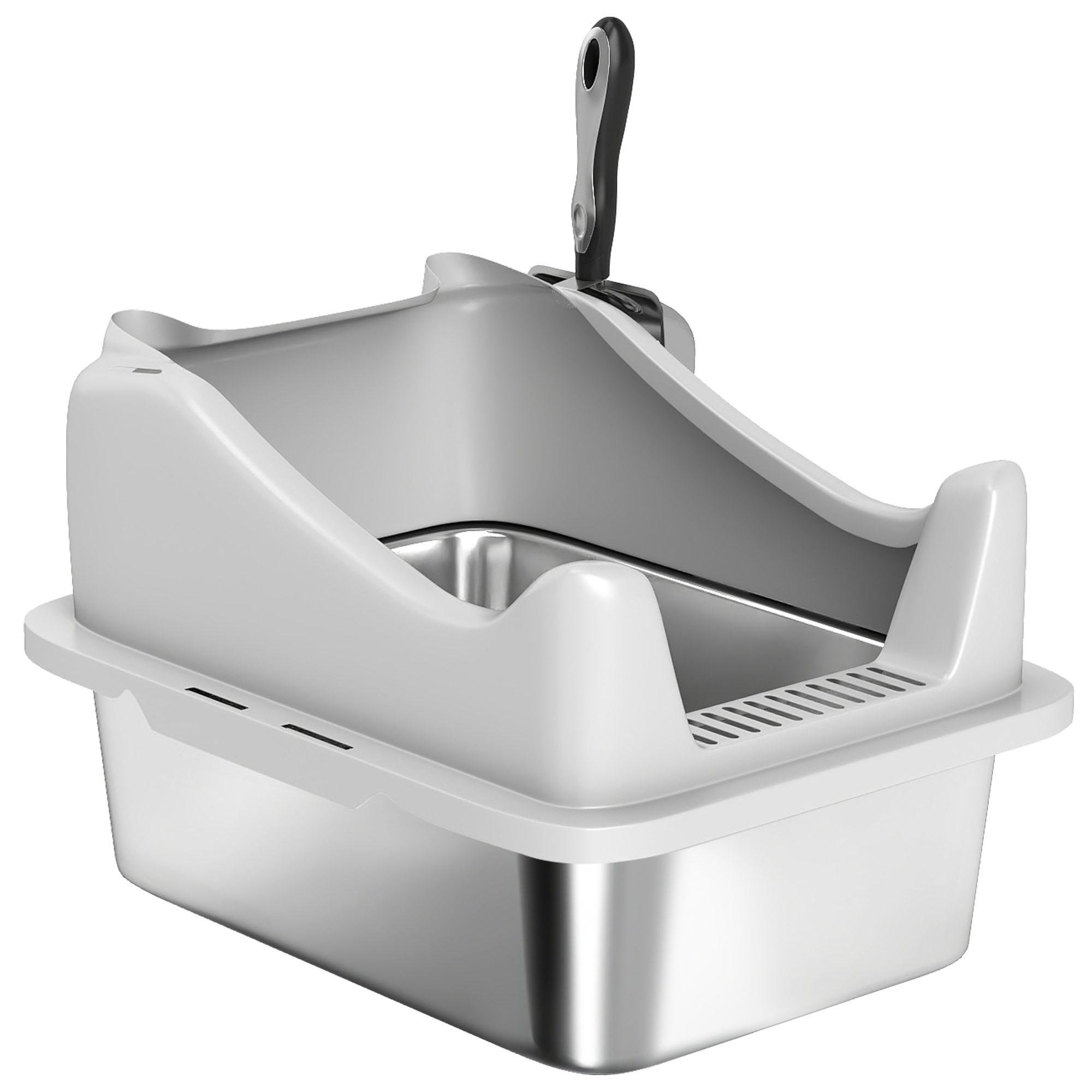 Grey Stainless Cat Litter Box with Scoop, 17-Inch