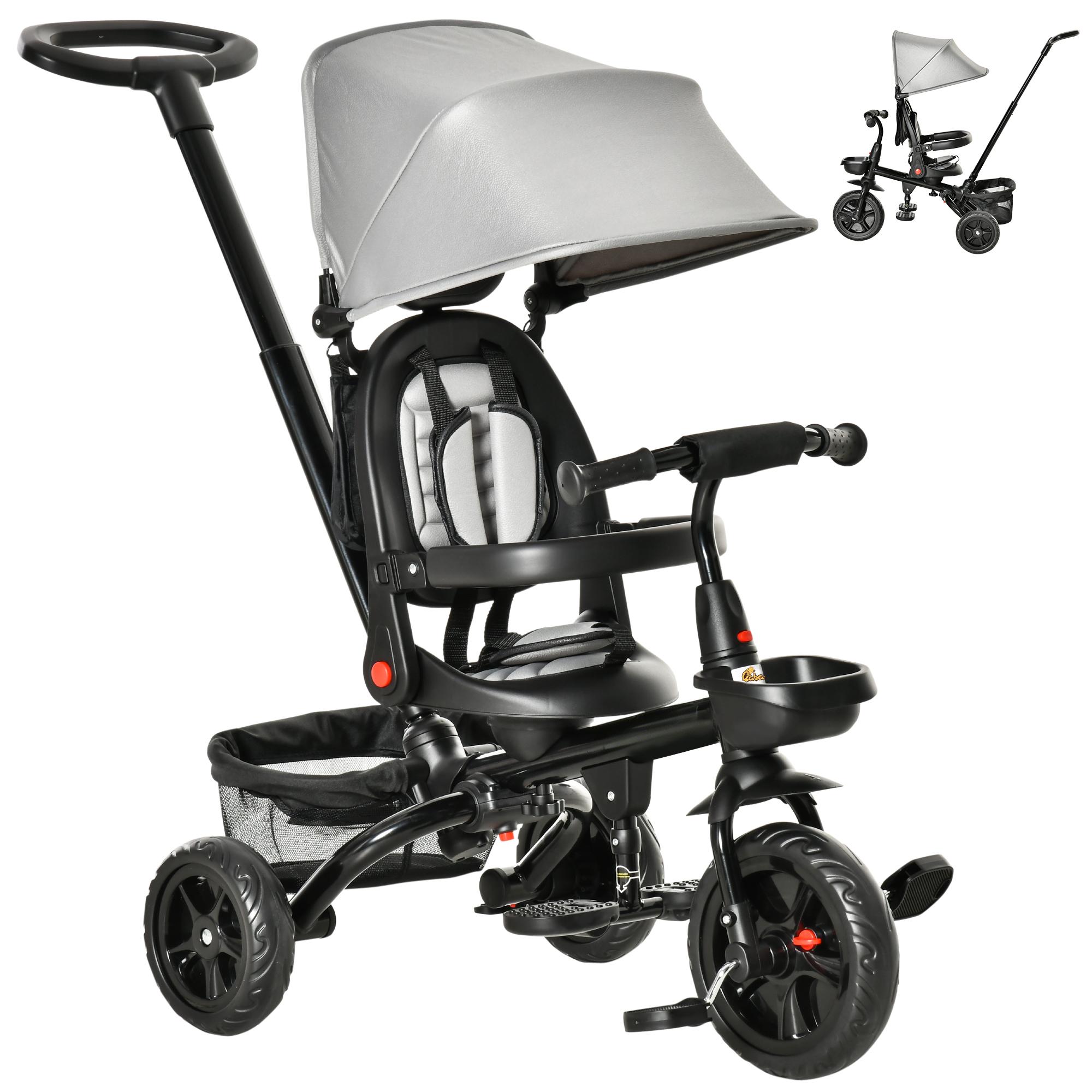 Grey Reclining Stroller Tricycle with 5-in-1 Modes
