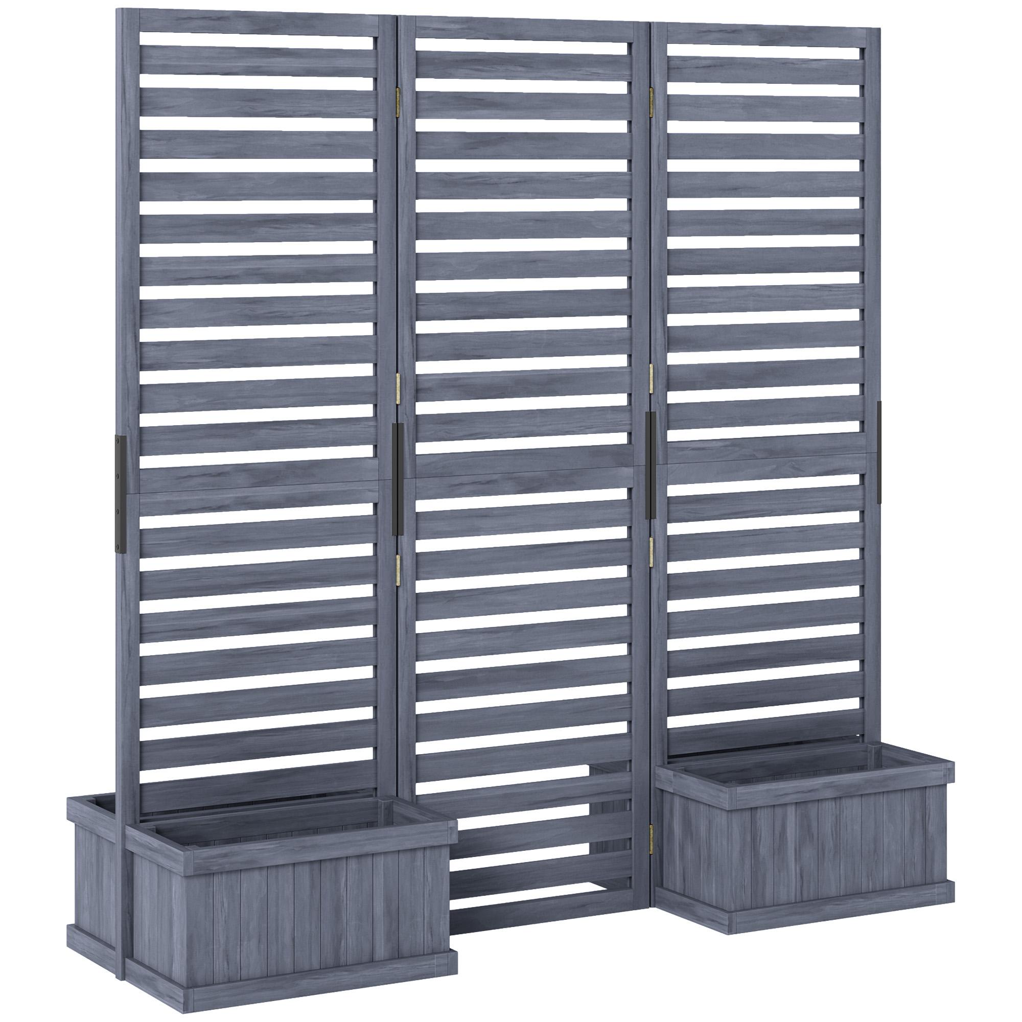 Grey Wood Planter Privacy Screen with Three Panels