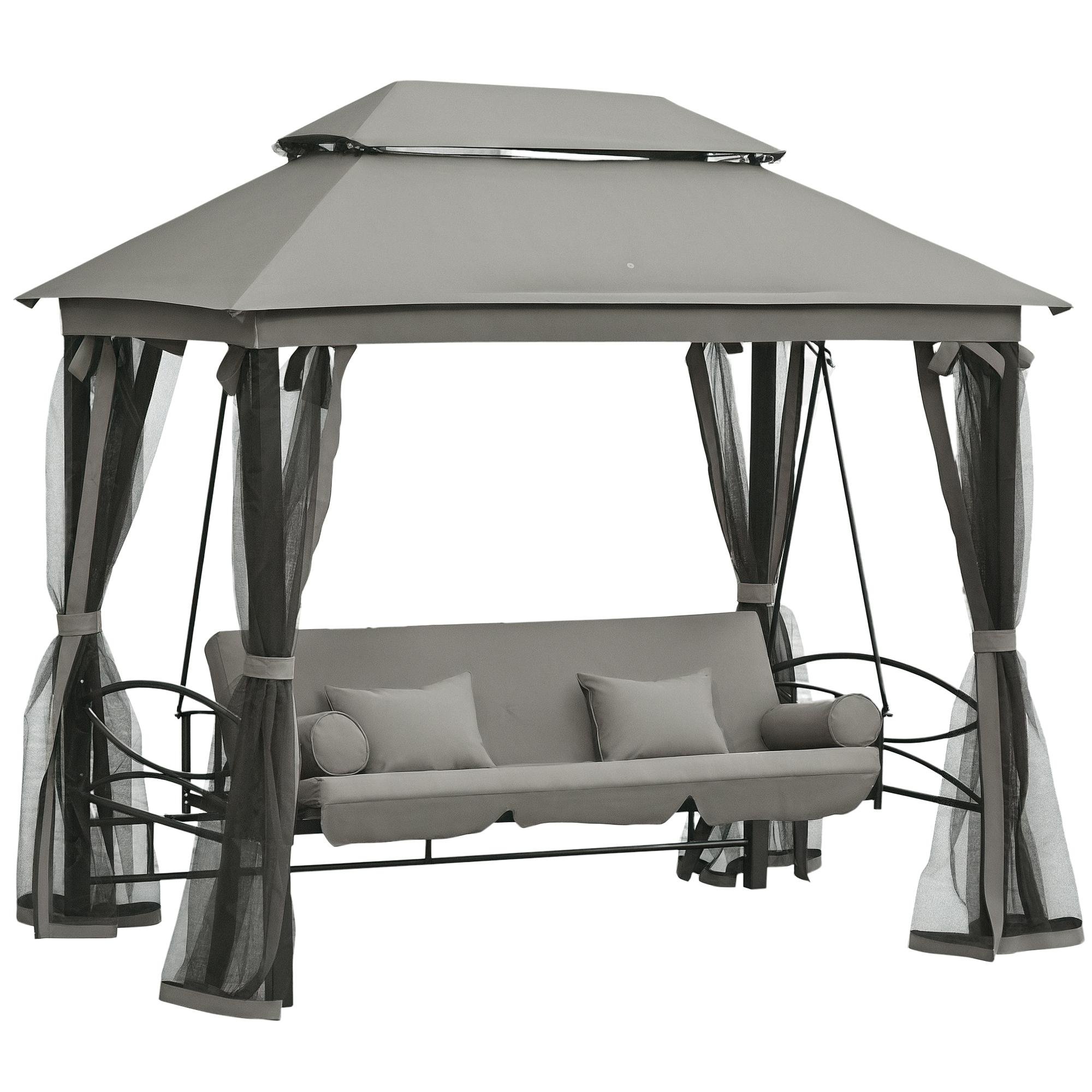 Grey Three Person Canopy Swing, 3-in-1 Patio Daybed