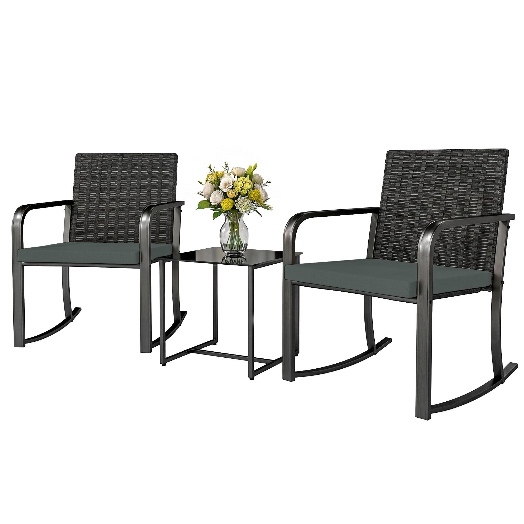 Grey Wicker Rocking Set with Cushions for Balcony
