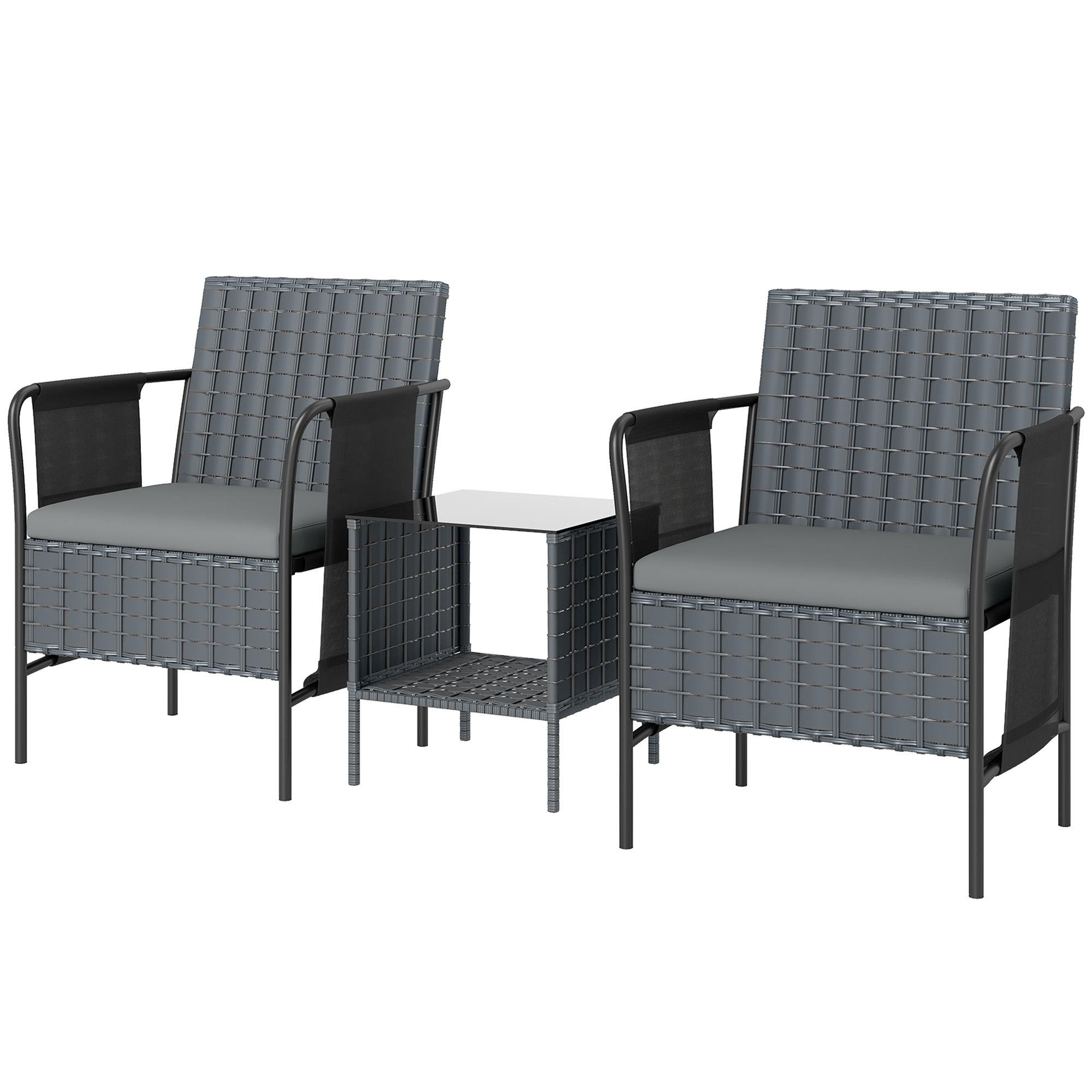 Grey PE Wicker Patio Set with Cushions for Two
