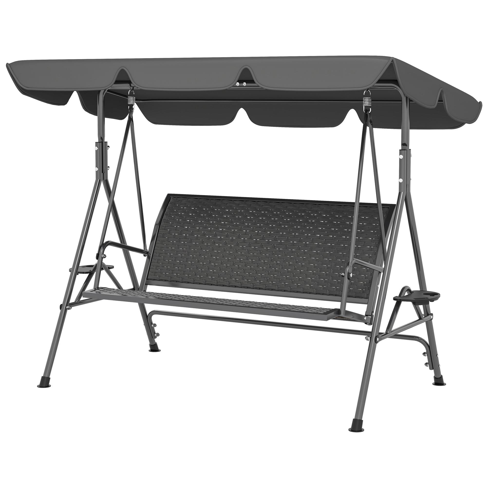 Grey Three Seat Rattan Swing with Adjustable Canopy