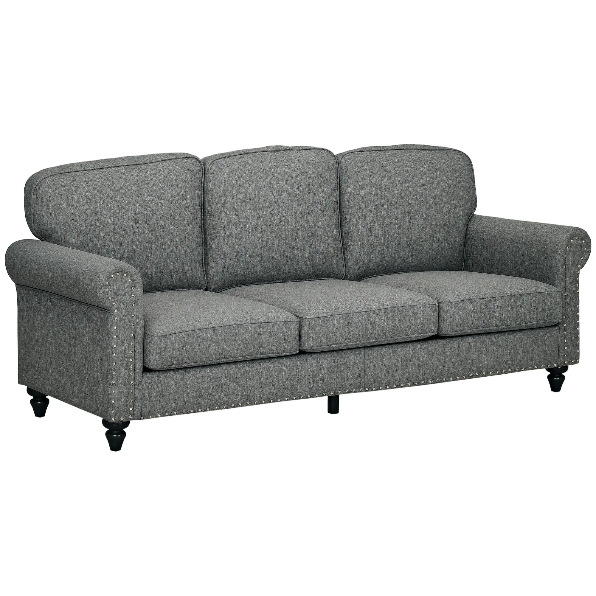 Grey Rolled Arm Sofa with Nailhead Trim, 3-Seater