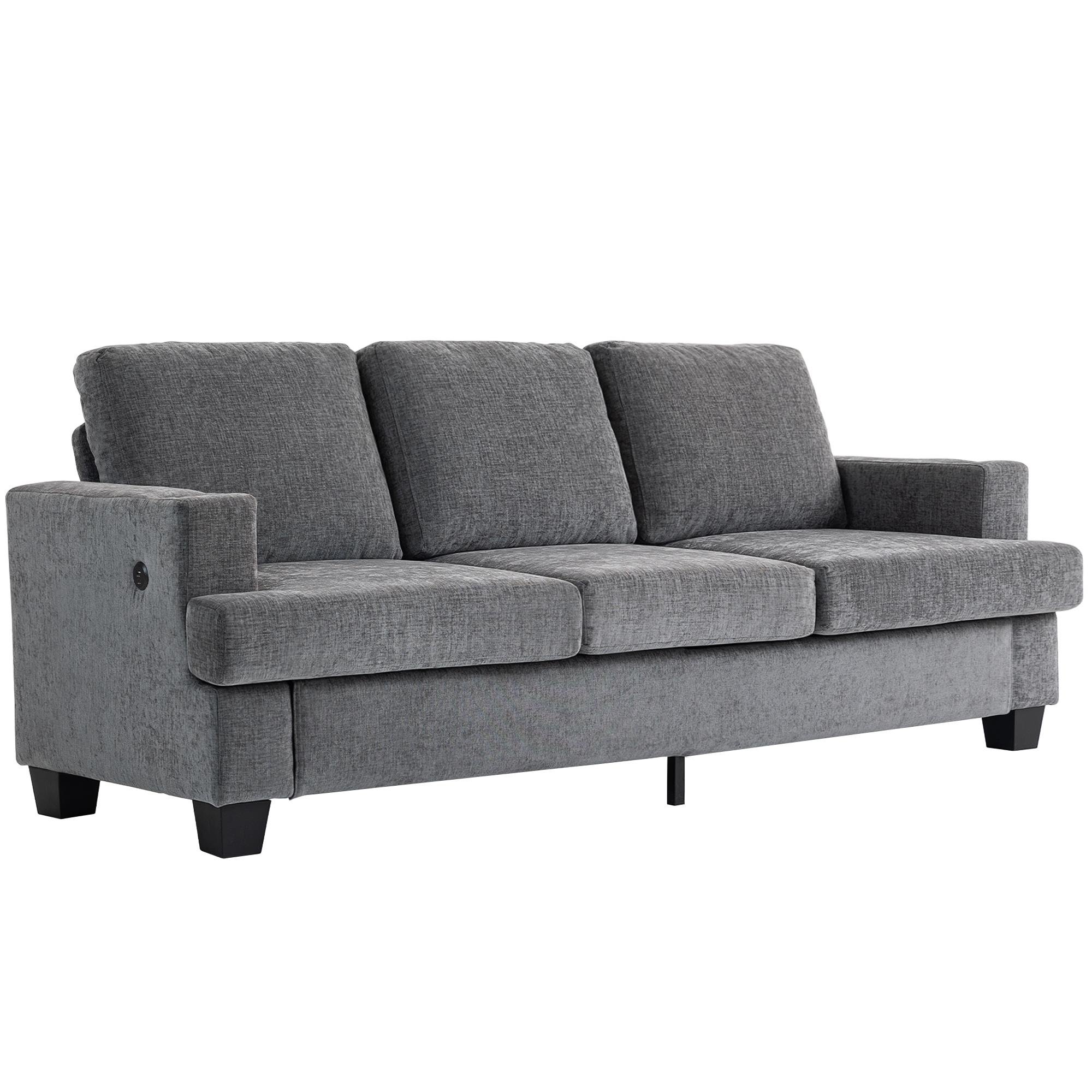 Grey Chenille Three-Seater Sofa with USB Ports