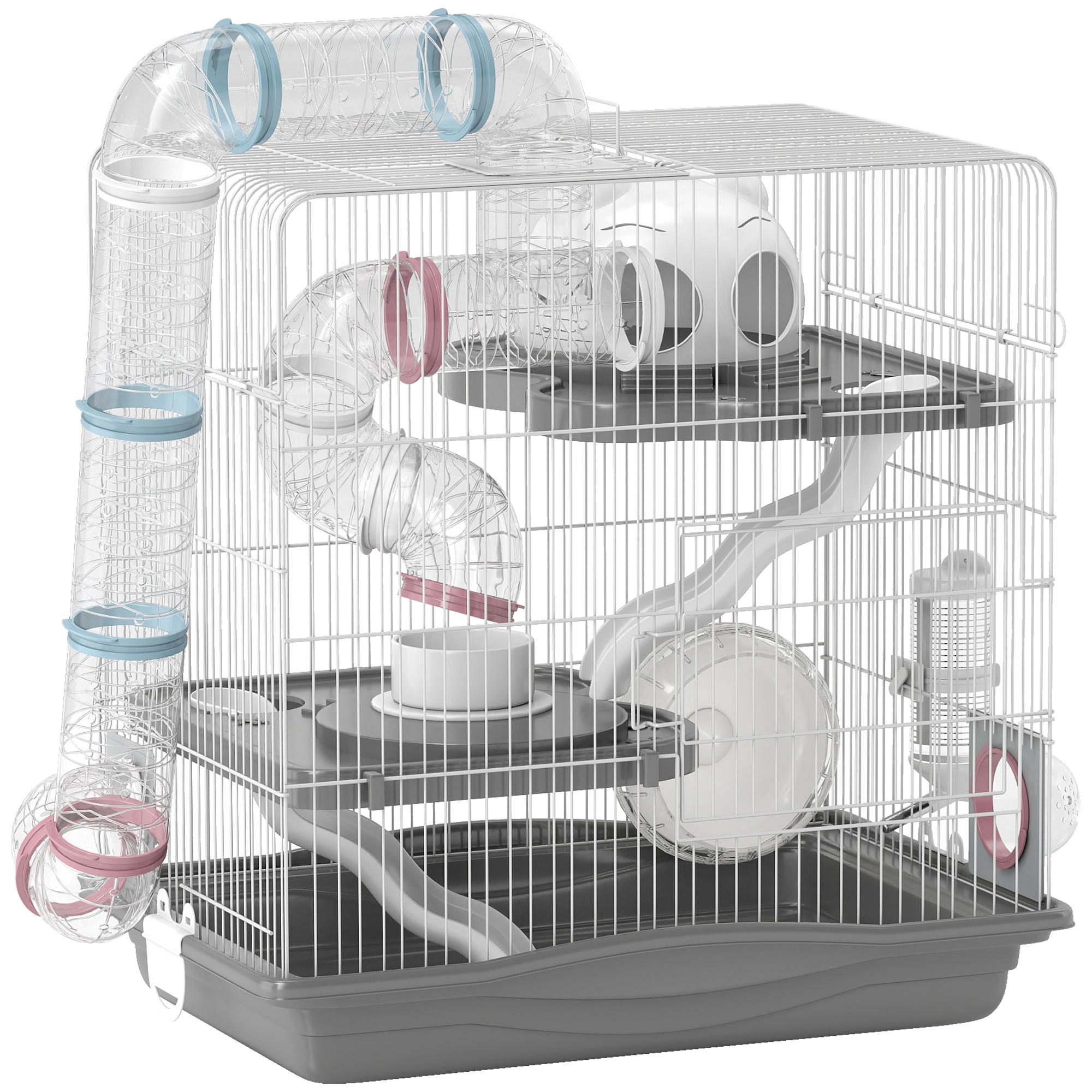 Grey Three Tier Hamster Cage with Tubes and Wheels
