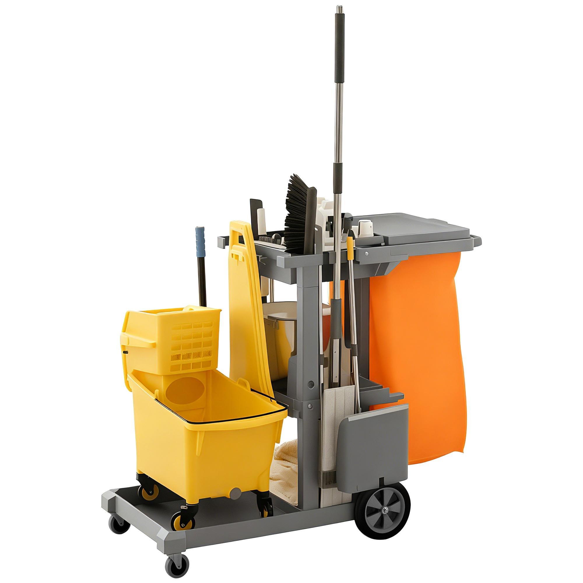 Grey 3 Tier Janitorial Cart with Lidded Rubbish Bag