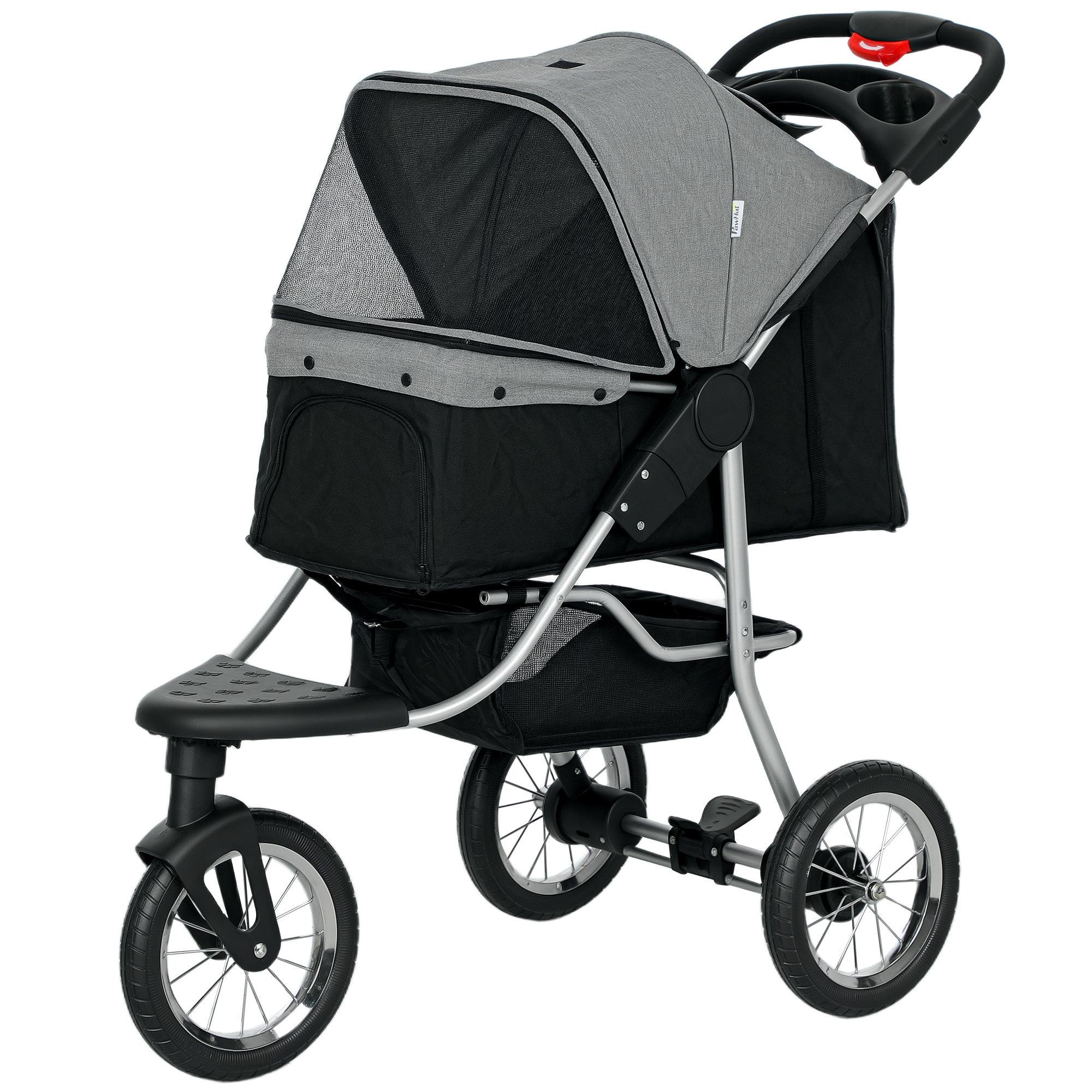 Grey Three Wheel Dog Stroller, Foldable for Small Dogs