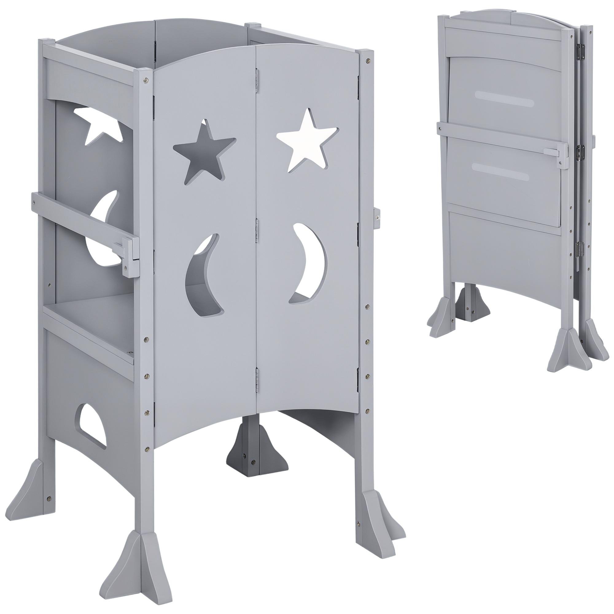 Grey Toddler Helper Tower with Safety Rail, Foldable