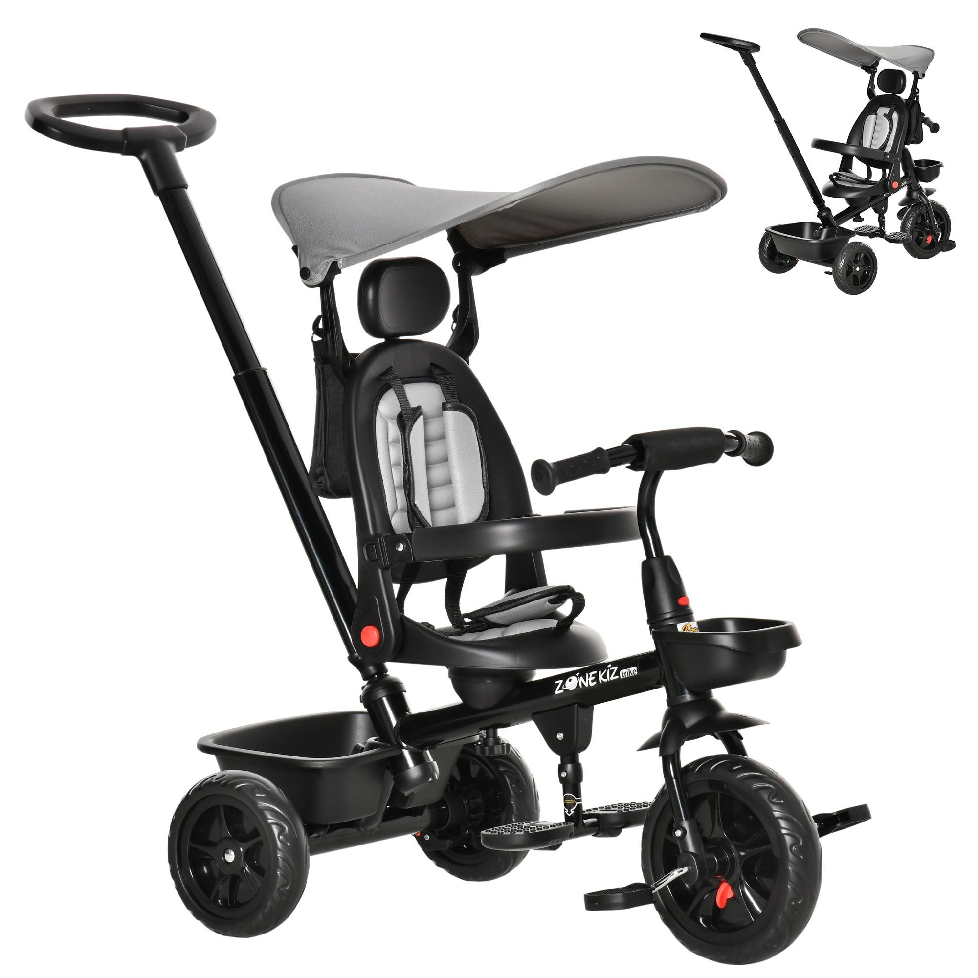Grey 5-in-1 Toddler Tricycle with Parent Push Handle