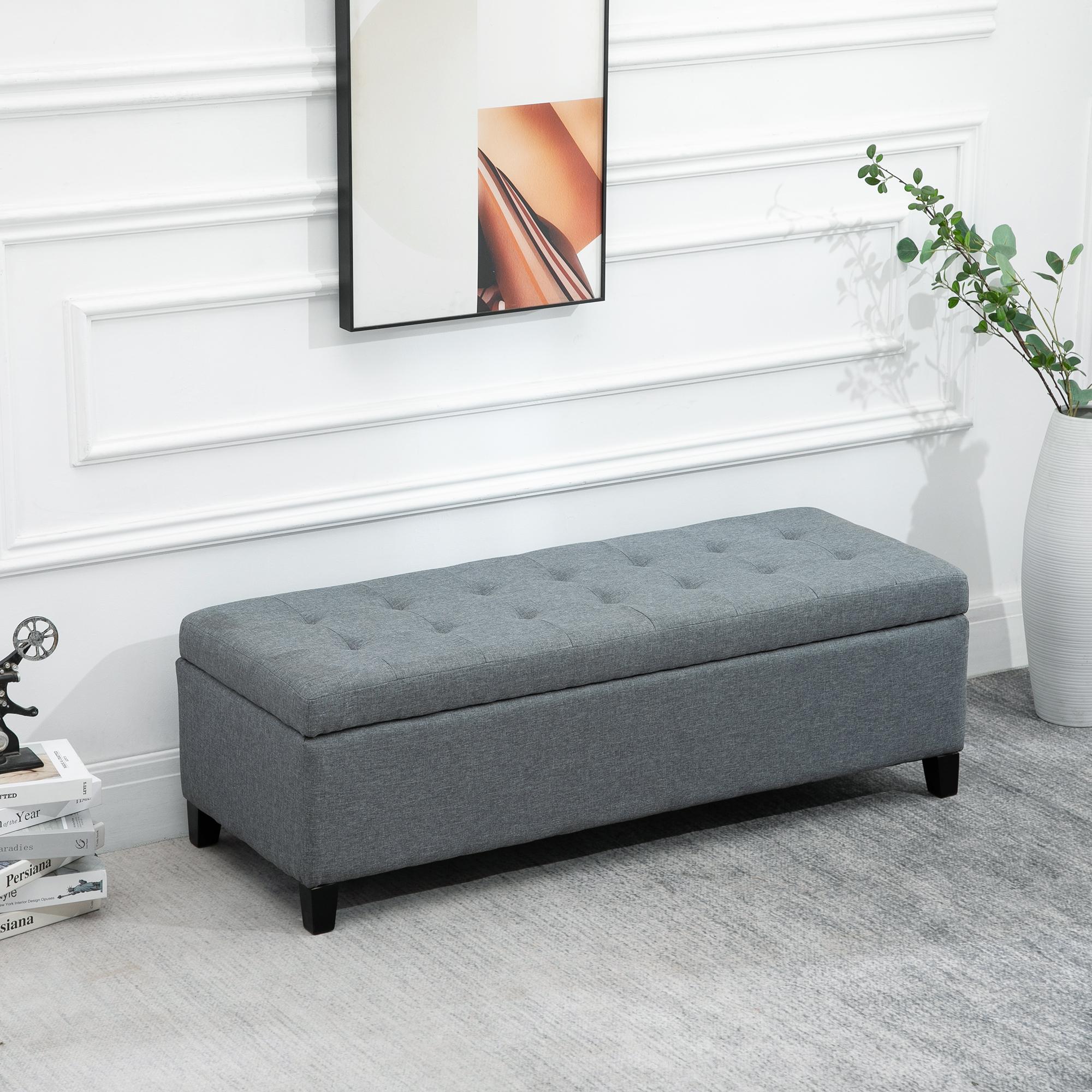 Large Grey Tufted Storage Bench with Soft-Close Lid