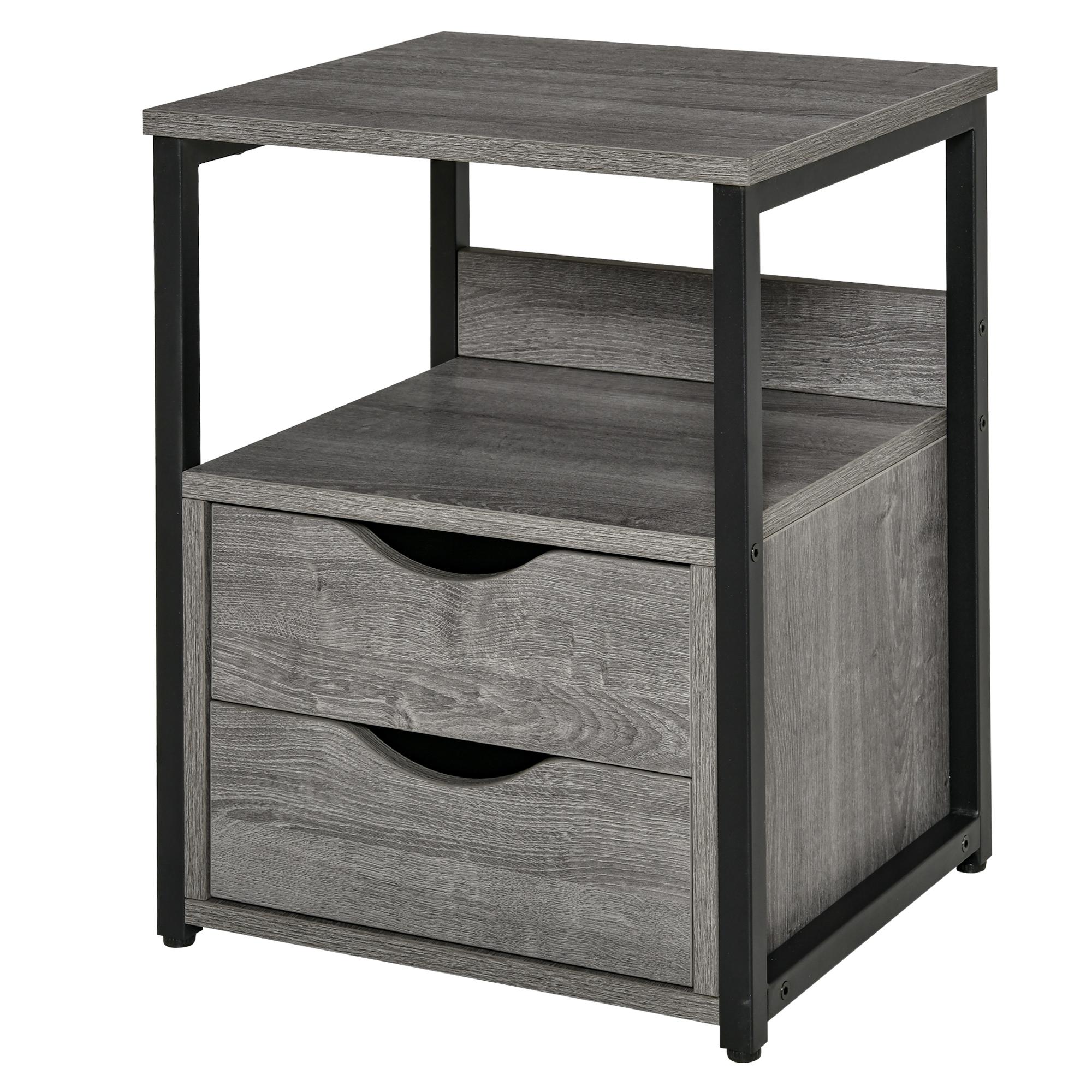Grey Two Drawer Nightstand with Open Shelf Storage