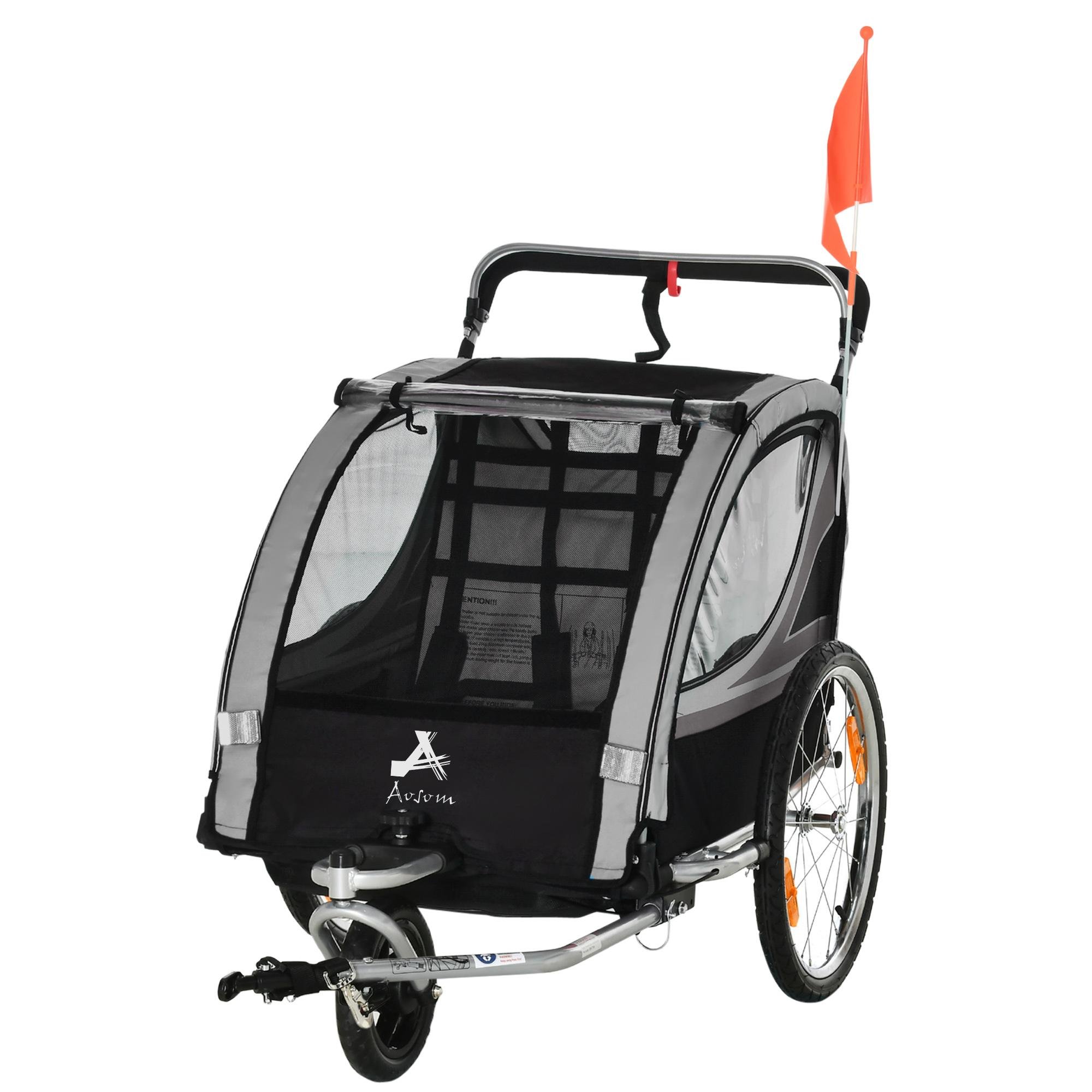 Grey two seat bike trailer, 2-in-1 stroller for families