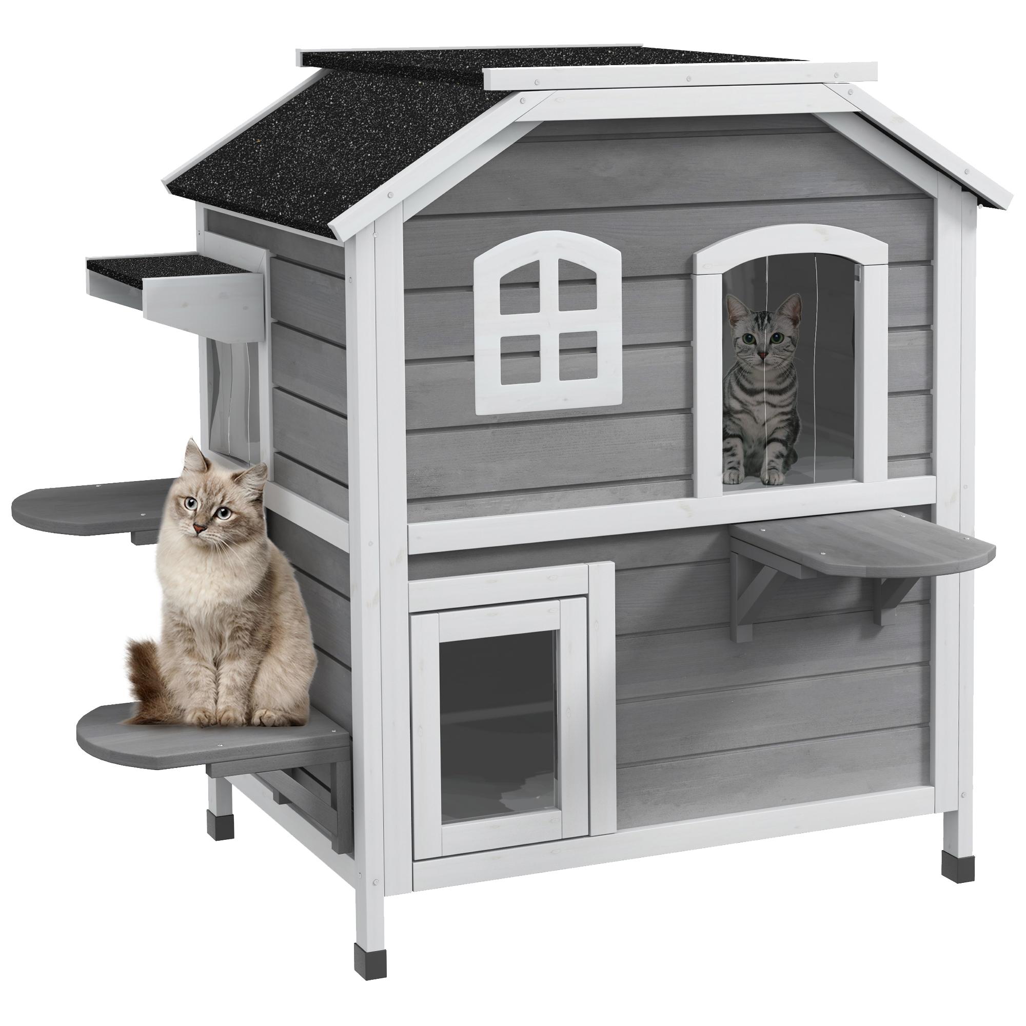 Grey Two-Storey Cat House with Openable Roof