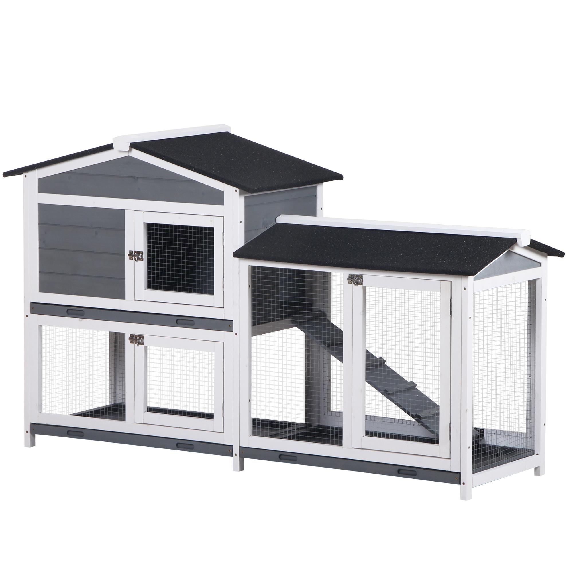 Grey Fir Rabbit Hutch Run with 2-Tier Design