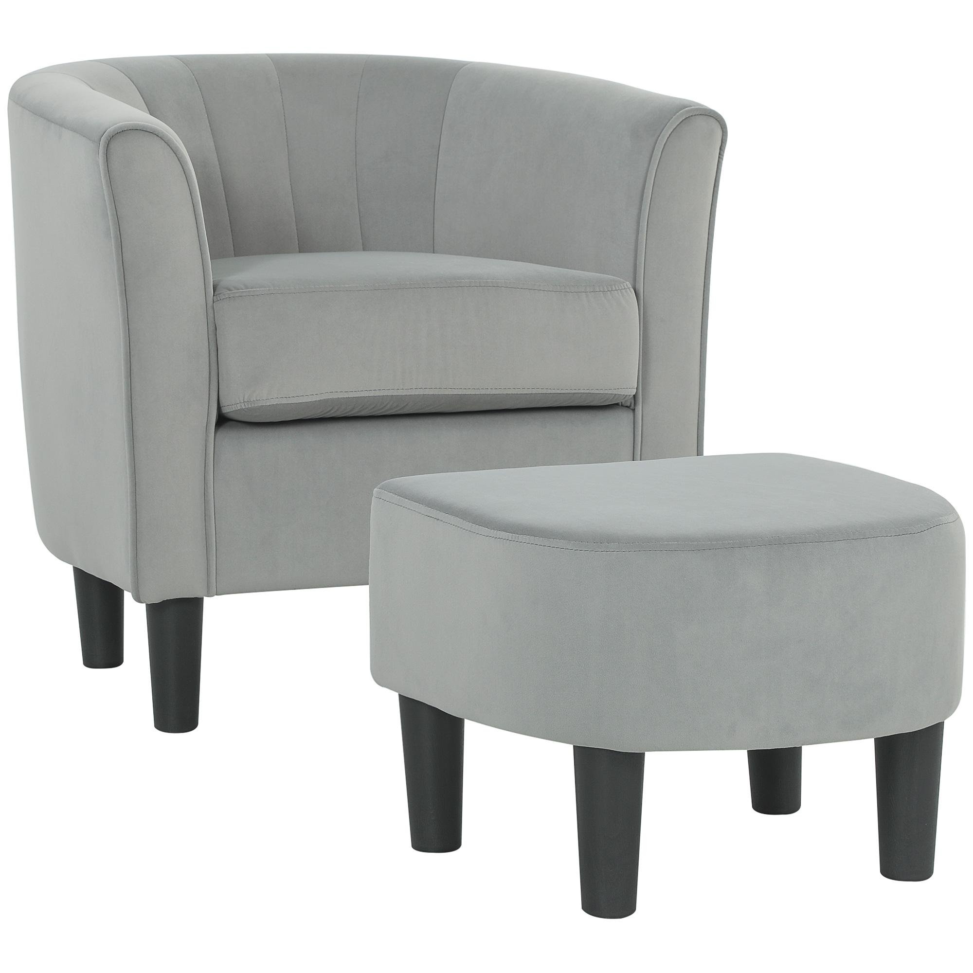 Grey Velvet-Touch Accent Chair with Ottoman