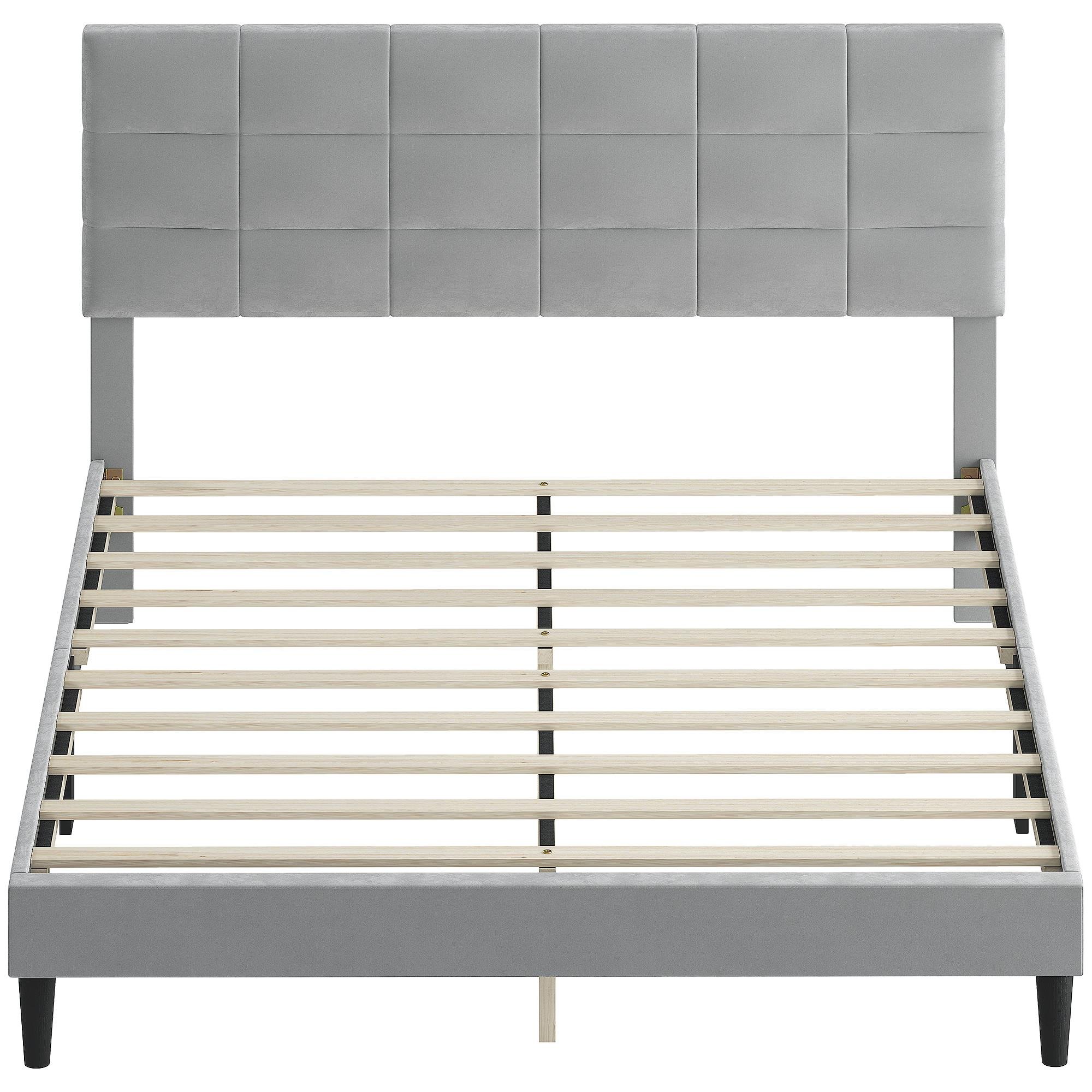 Grey queen upholstered bed frame with 1102 lb capacity