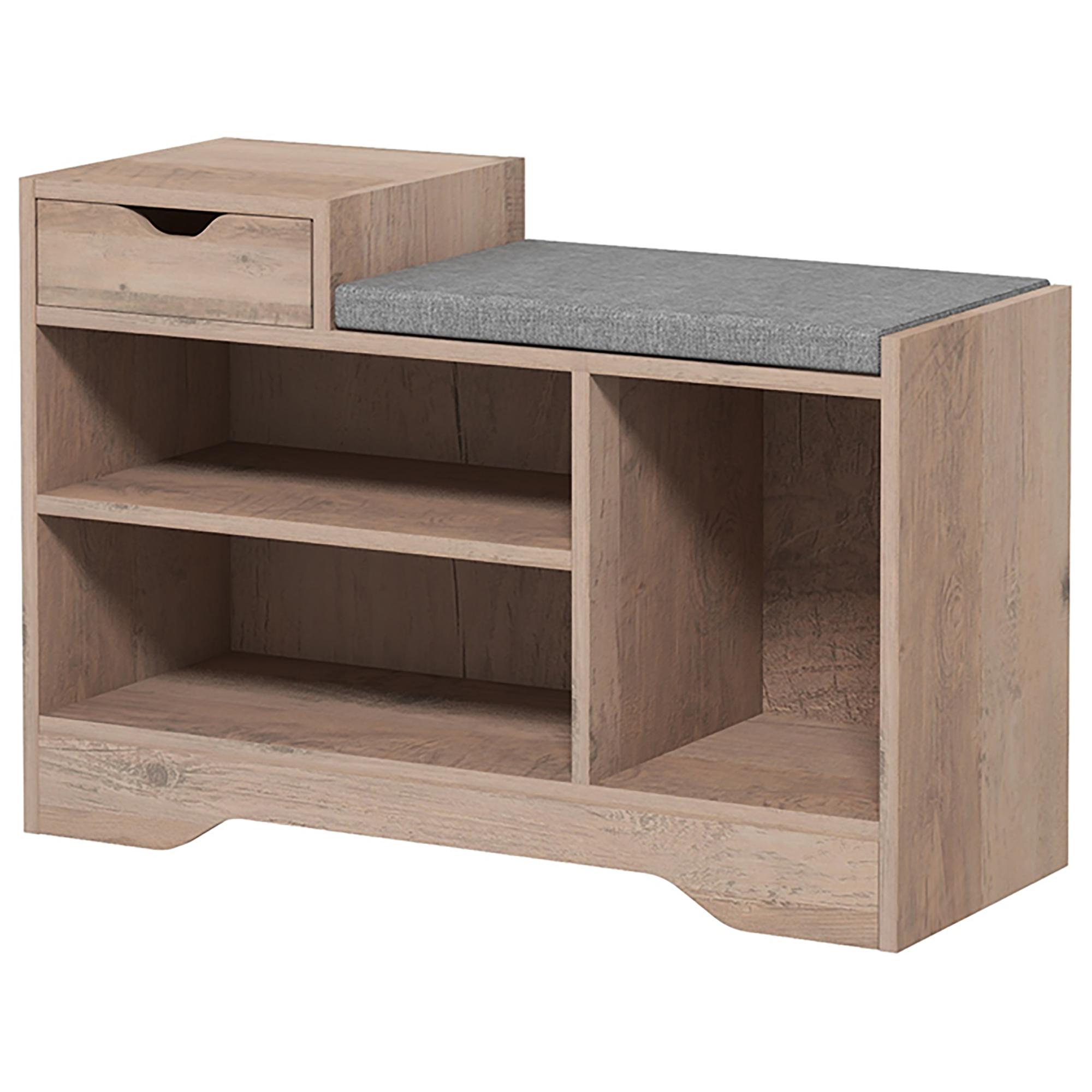 Grey Linen Shoe Bench with Drawer and Shelves
