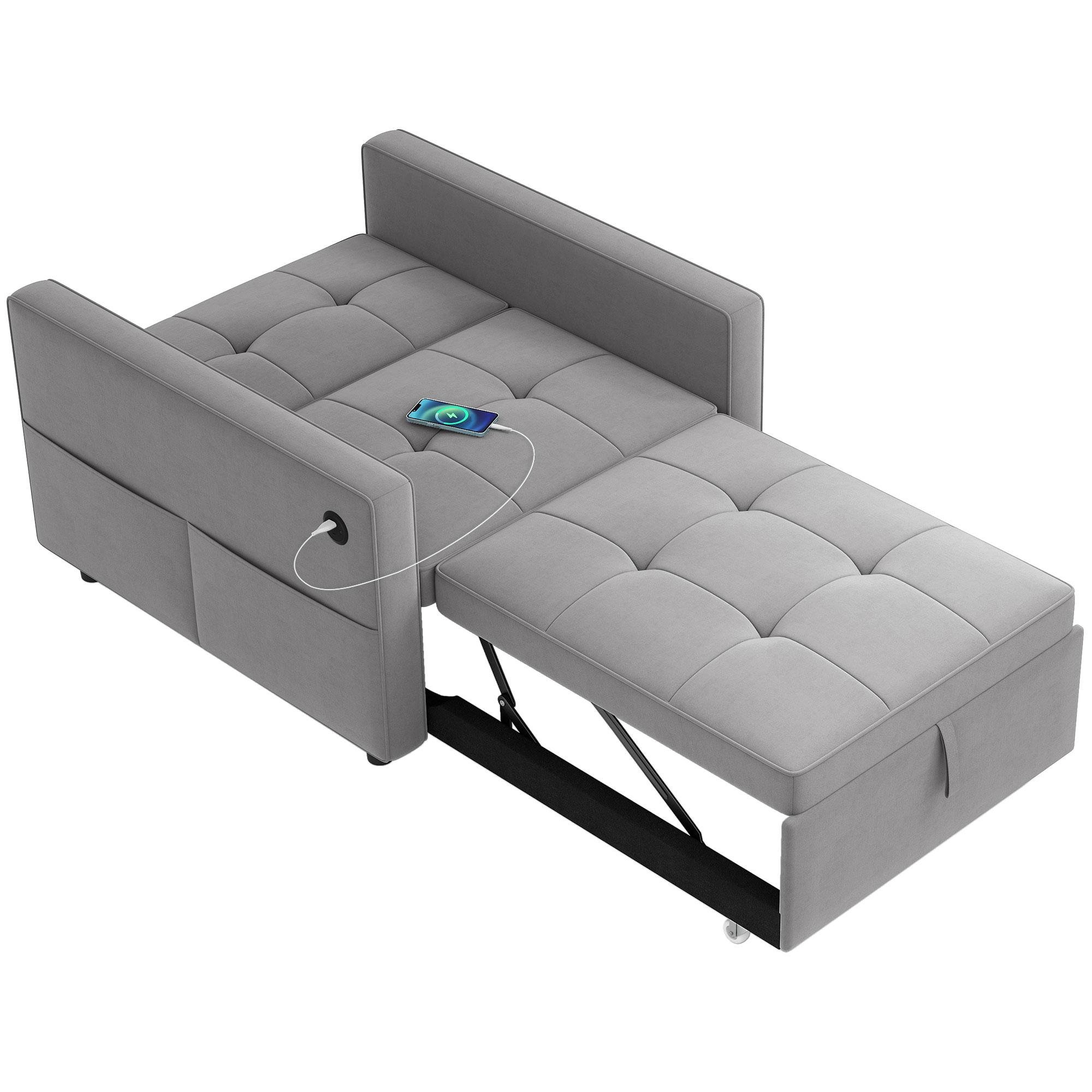 Grey Velvet Chair Bed with USB Charging for Small Spaces