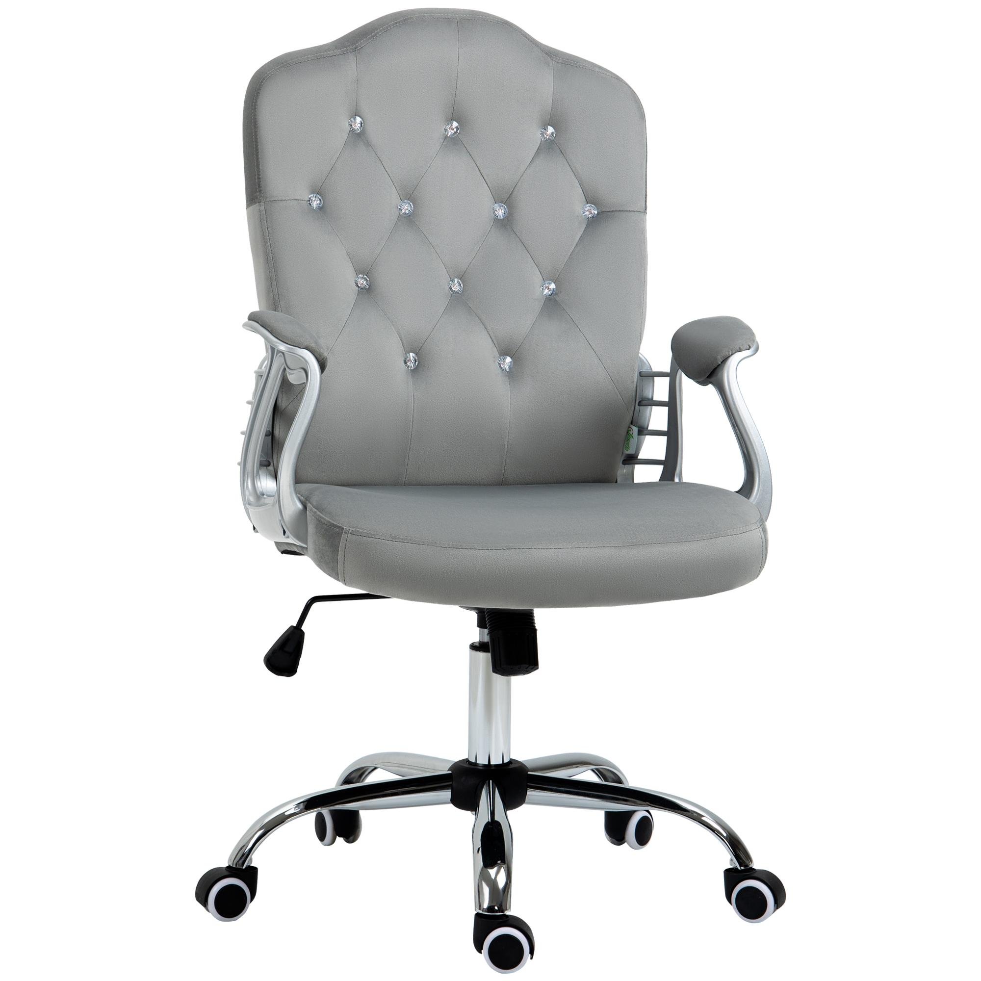 Grey Crystal Button Office Chair, Velvet-Feel, Adjustable Height