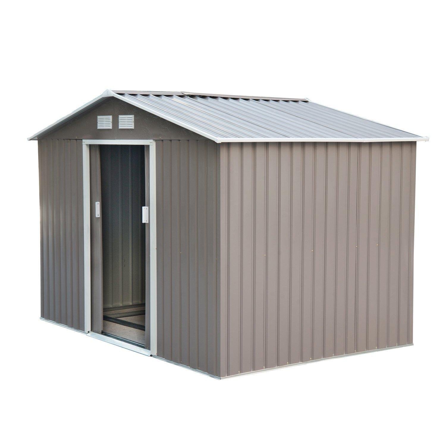 Grey White Steel Shed with Floor Foundation, 9x6.3ft