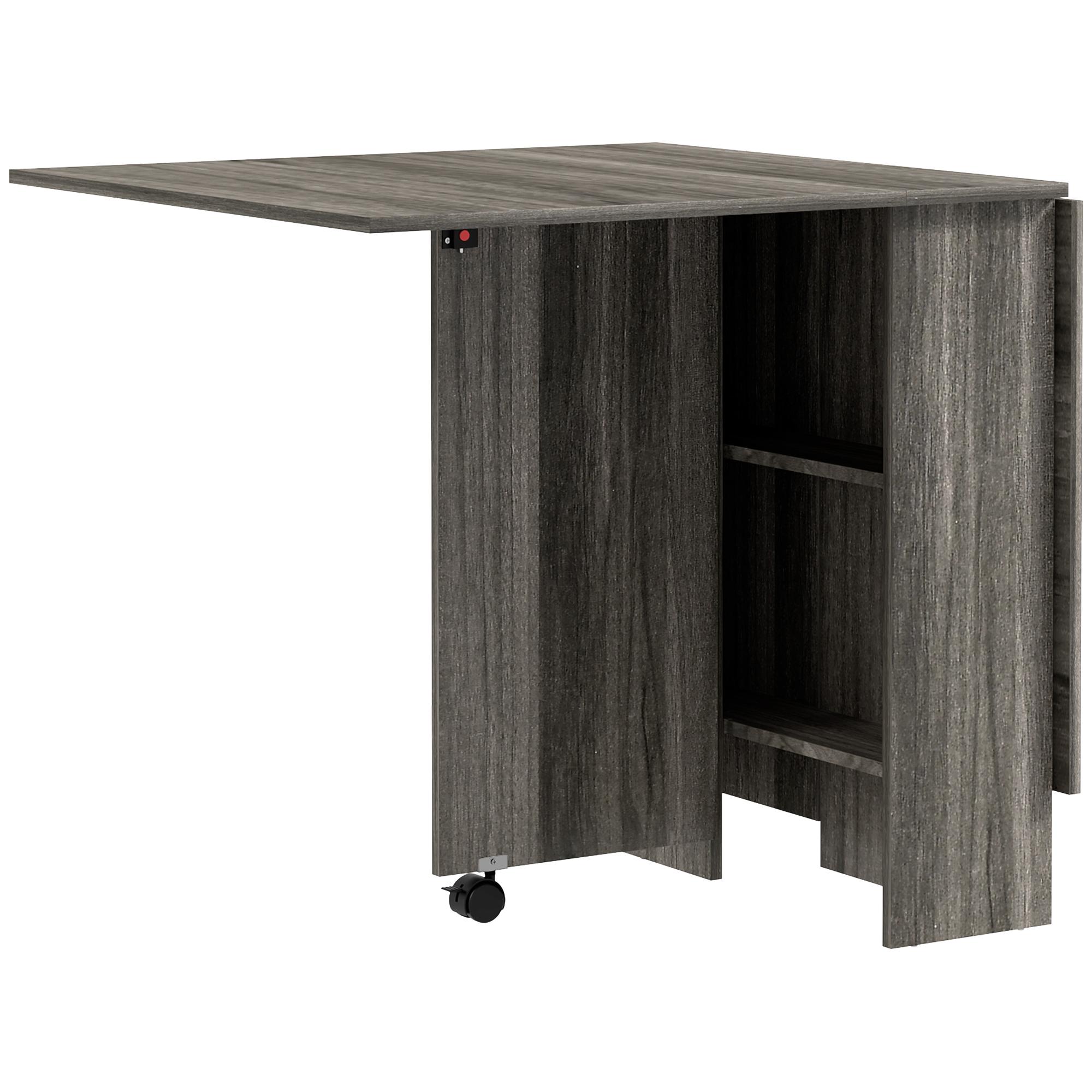 Grey Wood Grain Folding Table with Two Shelves