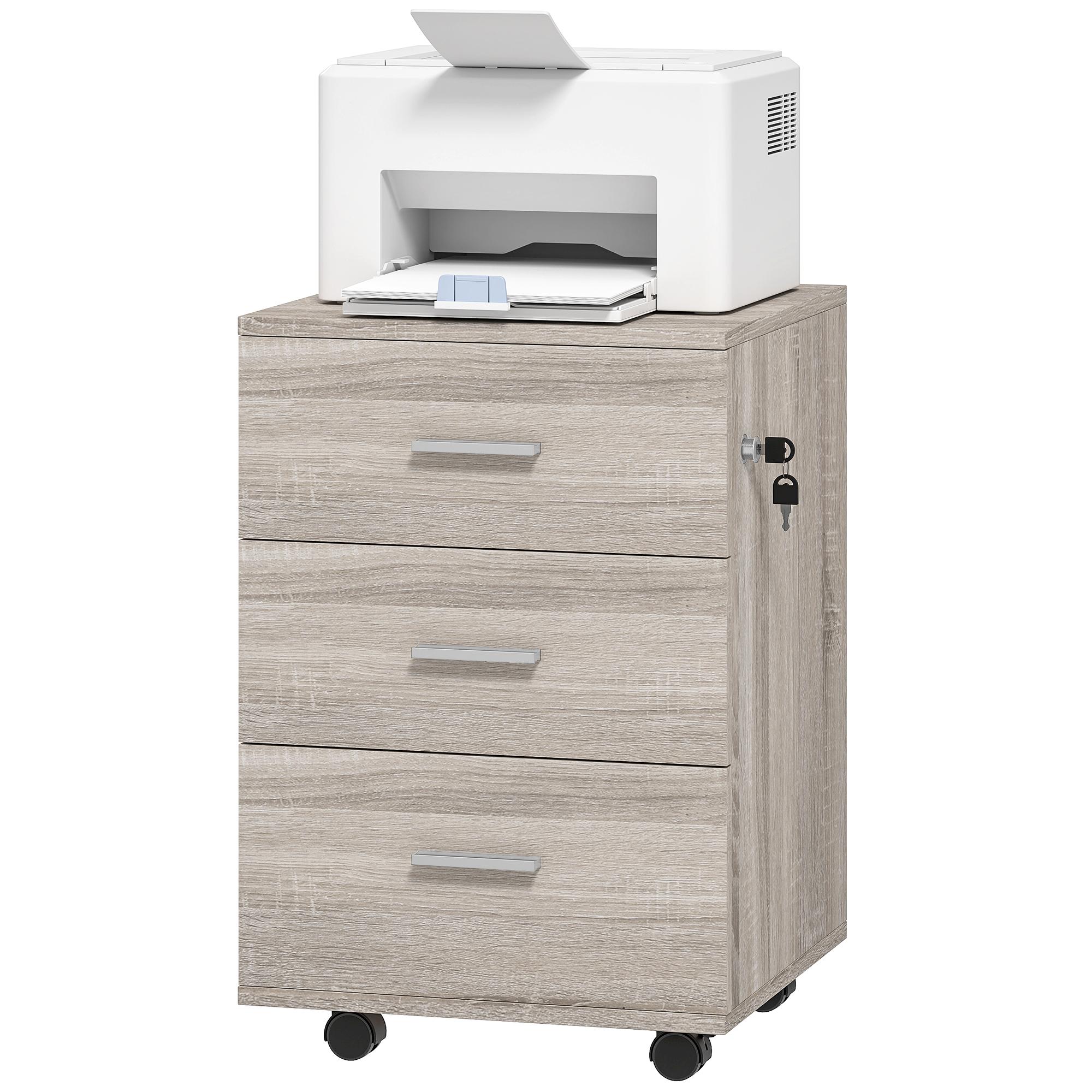Grey Wood Grain File Cabinet with Lock and Wheels, 3 Drawers