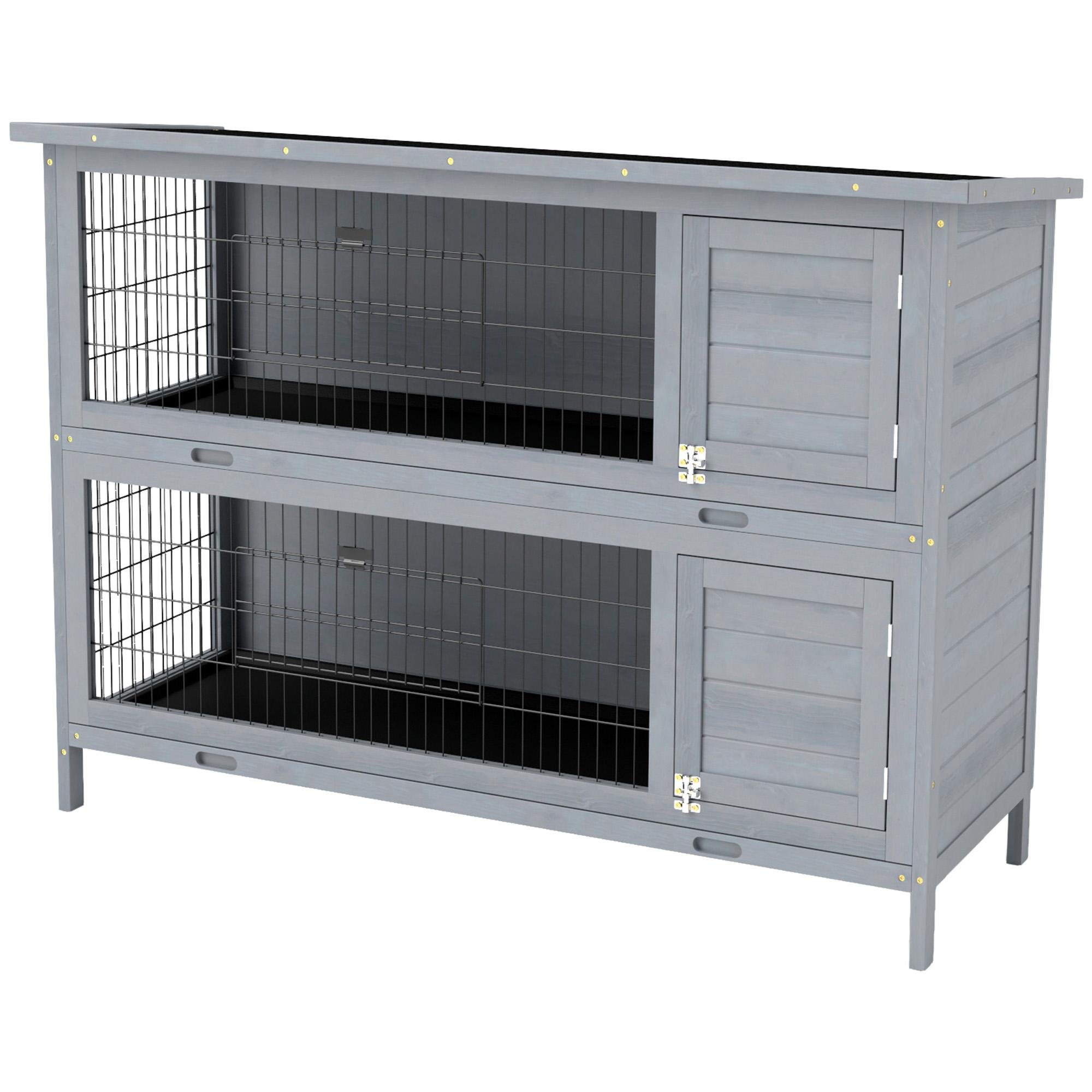 Grey Two-Tier Fir Hutch with Two Stacked Cages