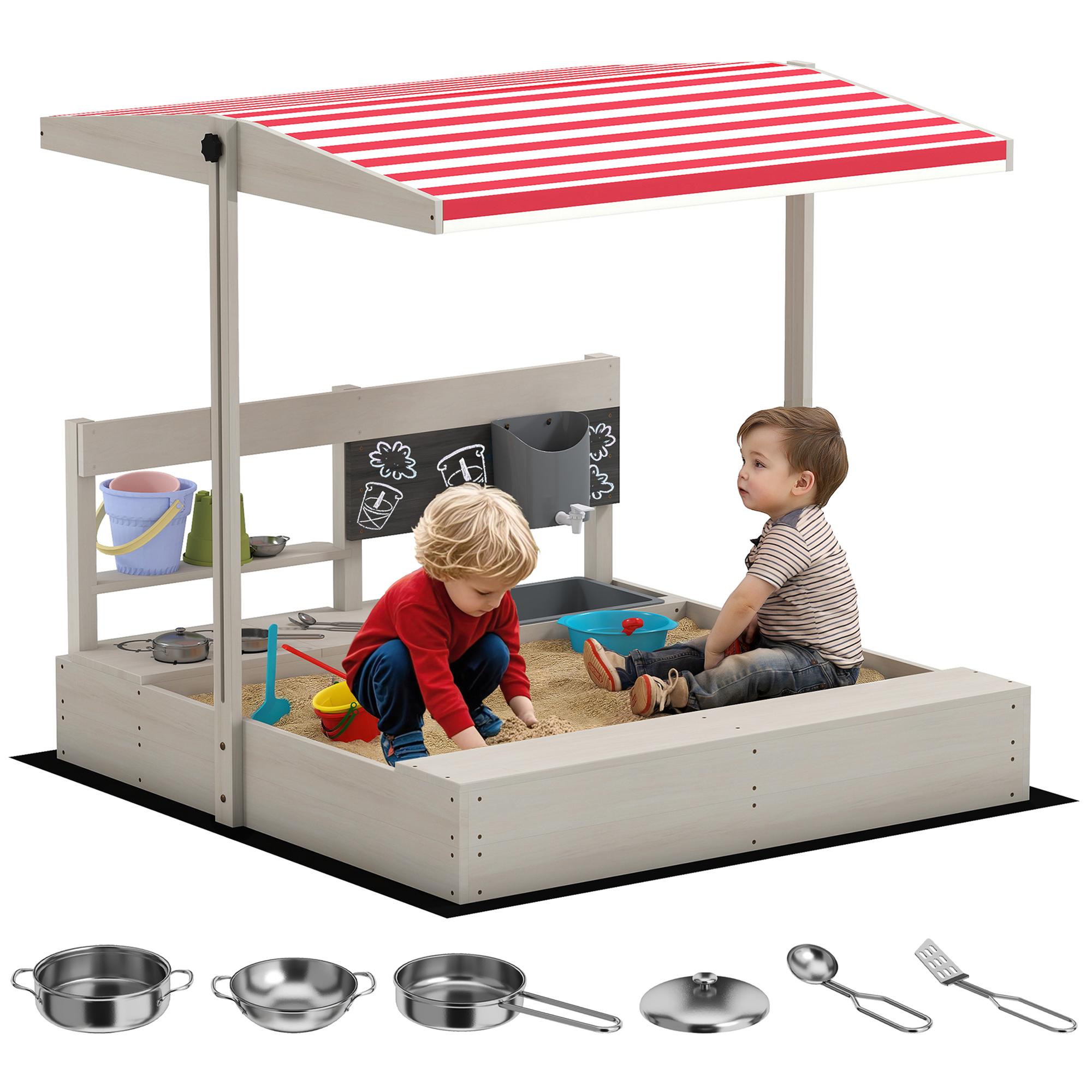 Grey wooden sandbox playset with adjustable canopy