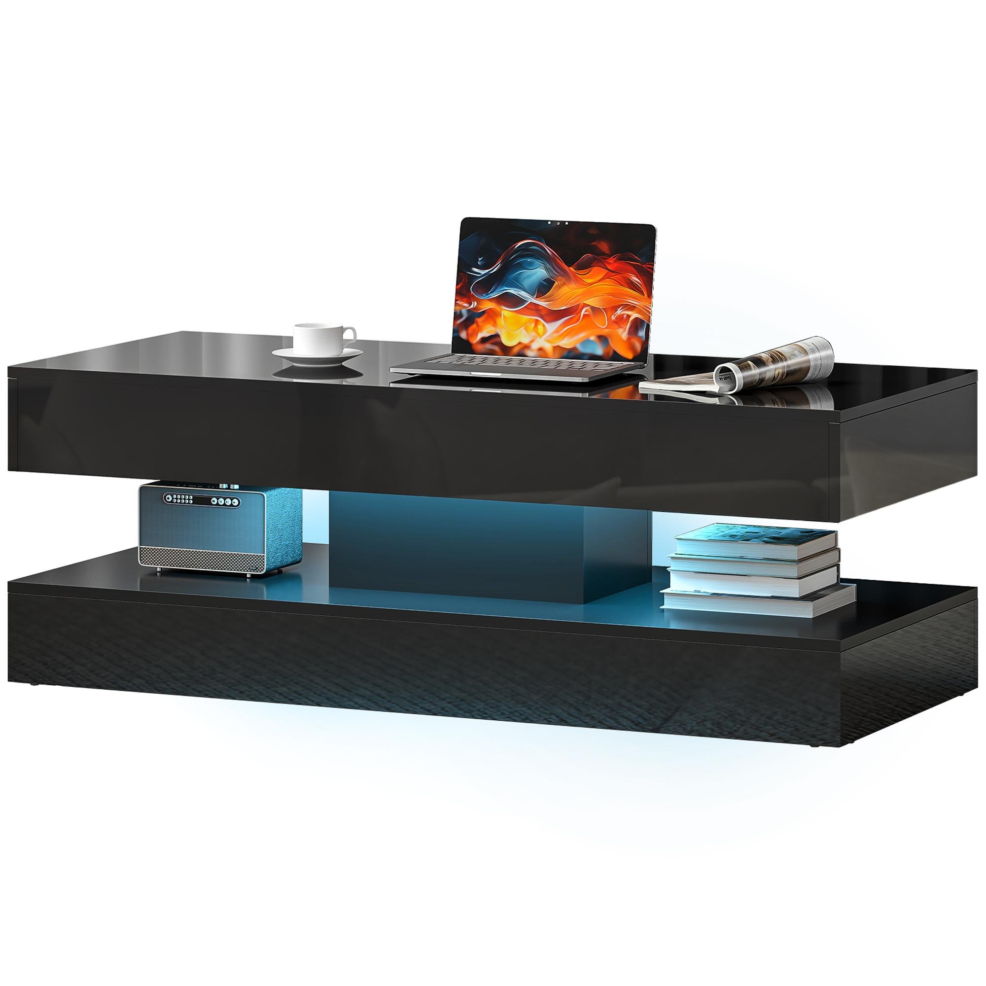 Black RGB Coffee Table with LED Lights, 2 Drawers