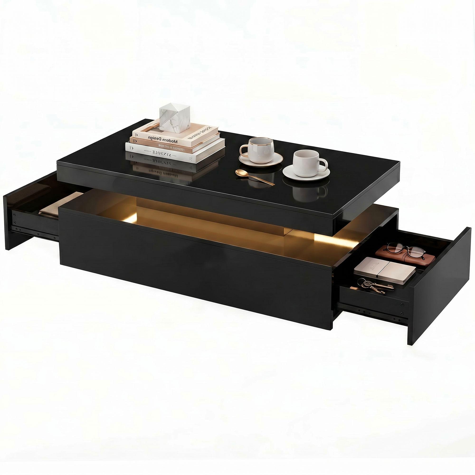 High Gloss Black Coffee Table with RGB LED Storage