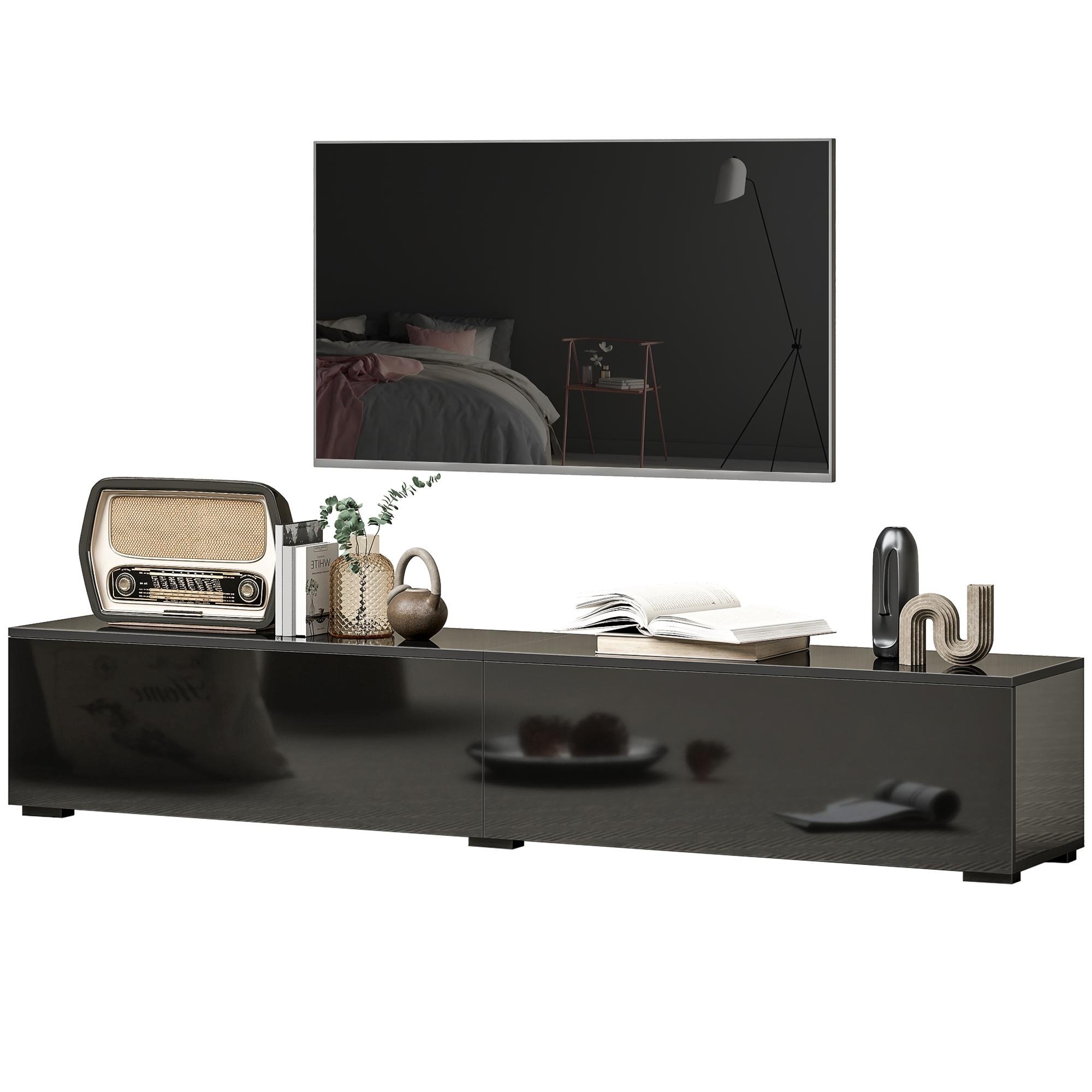 70.9 inch floating tv stand, high-gloss black, 2 flip-down doors