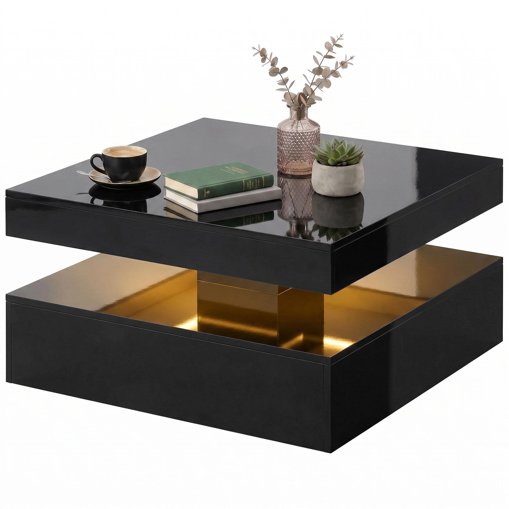 30.7 inch LED coffee table, high-gloss black 2-tier design