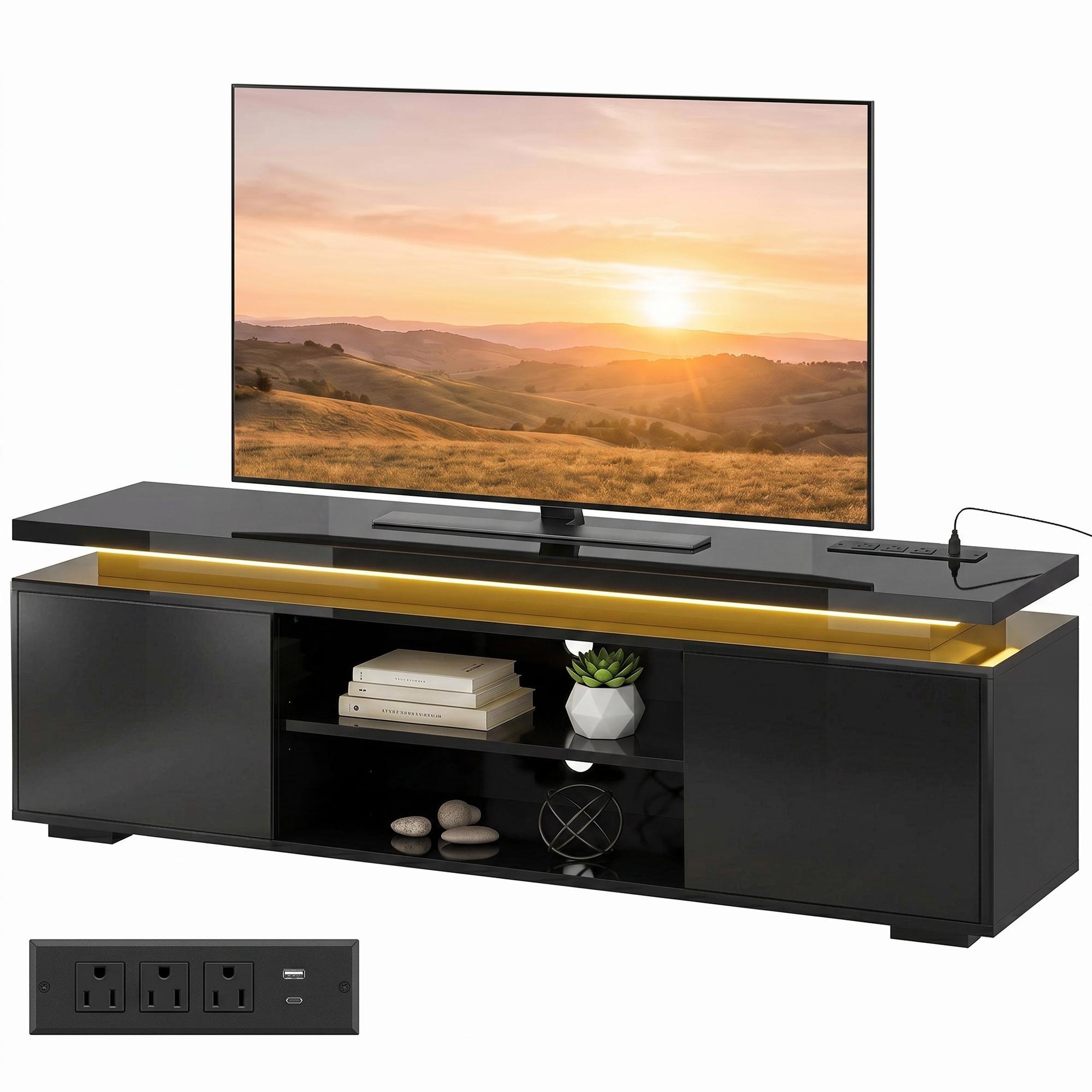 Black High Gloss TV Console with RGB LEDs, Up to 60 Inches