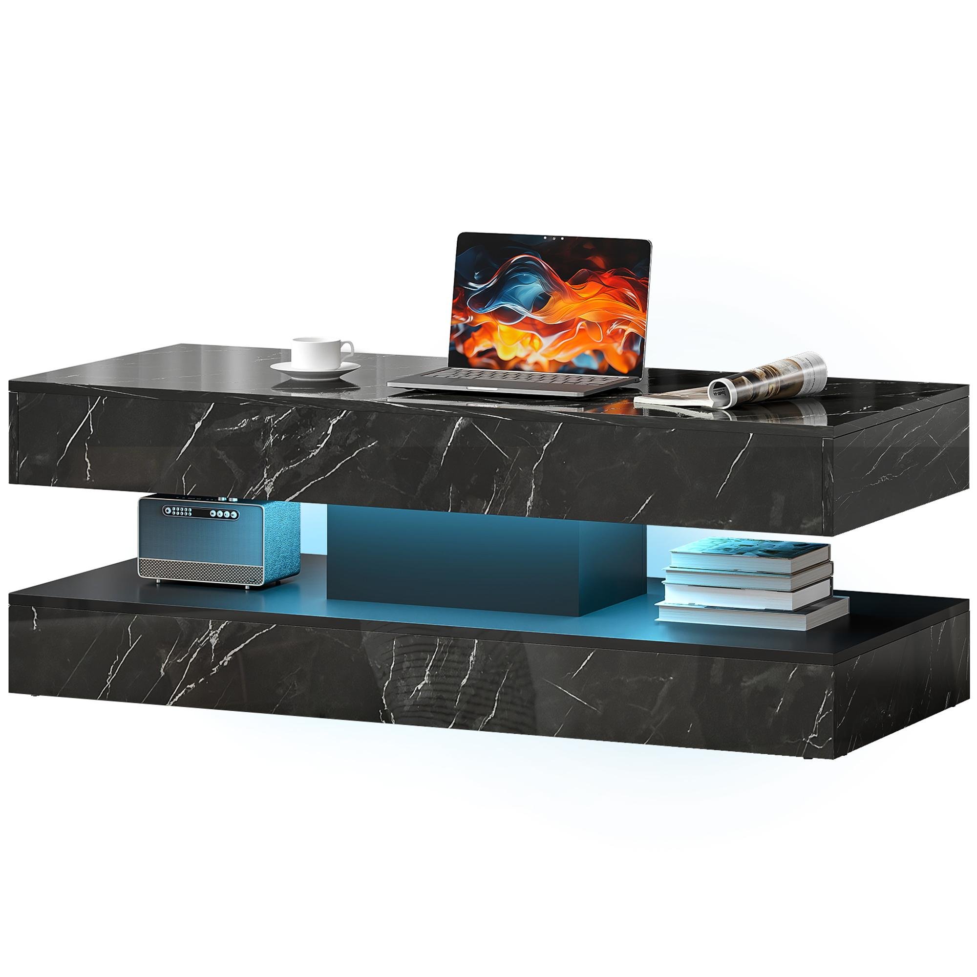 Marble-Effect LED Coffee Table with 2 Drawers, 47.2 in