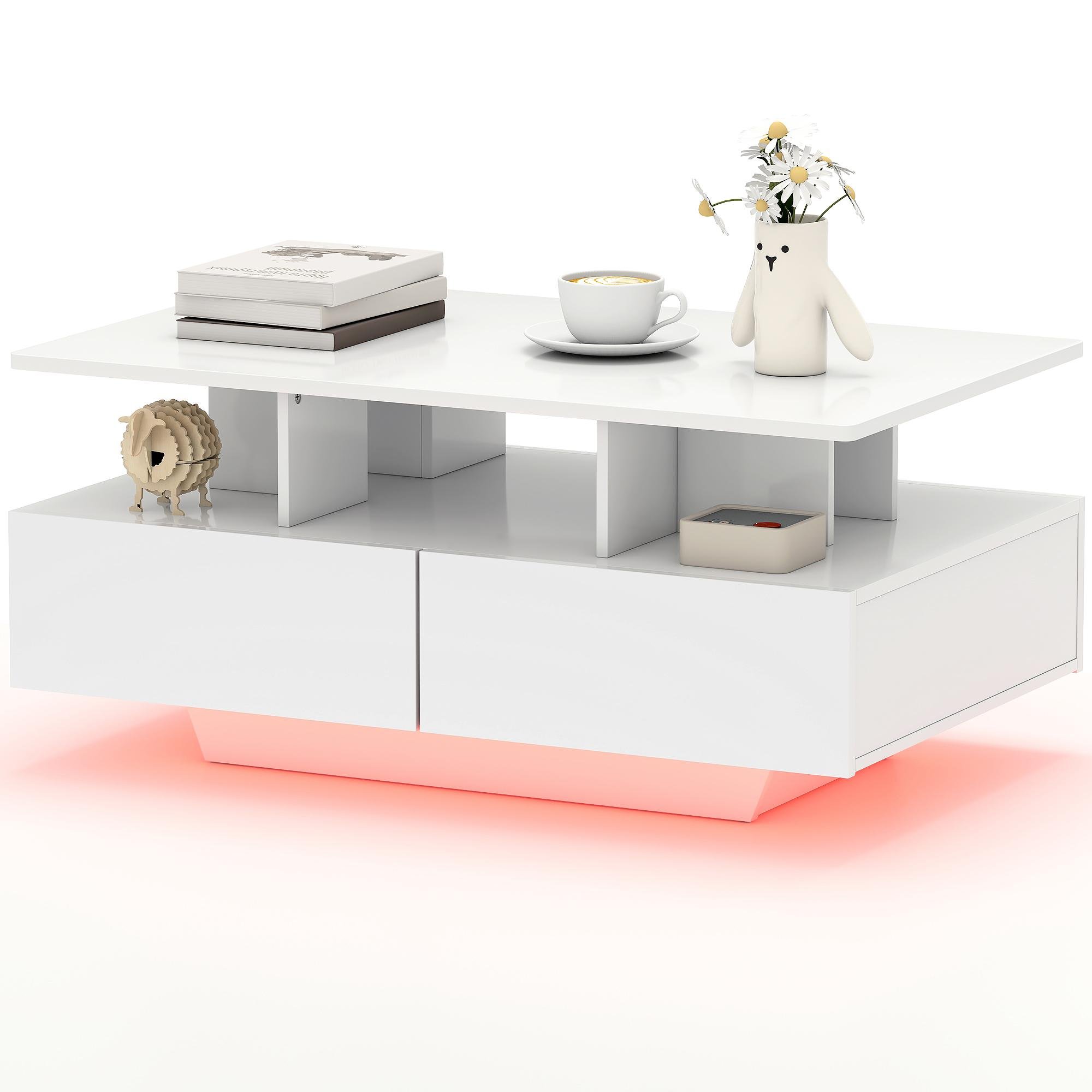 White RGB Coffee Table with 4 Drawers, 2-Tier Storage