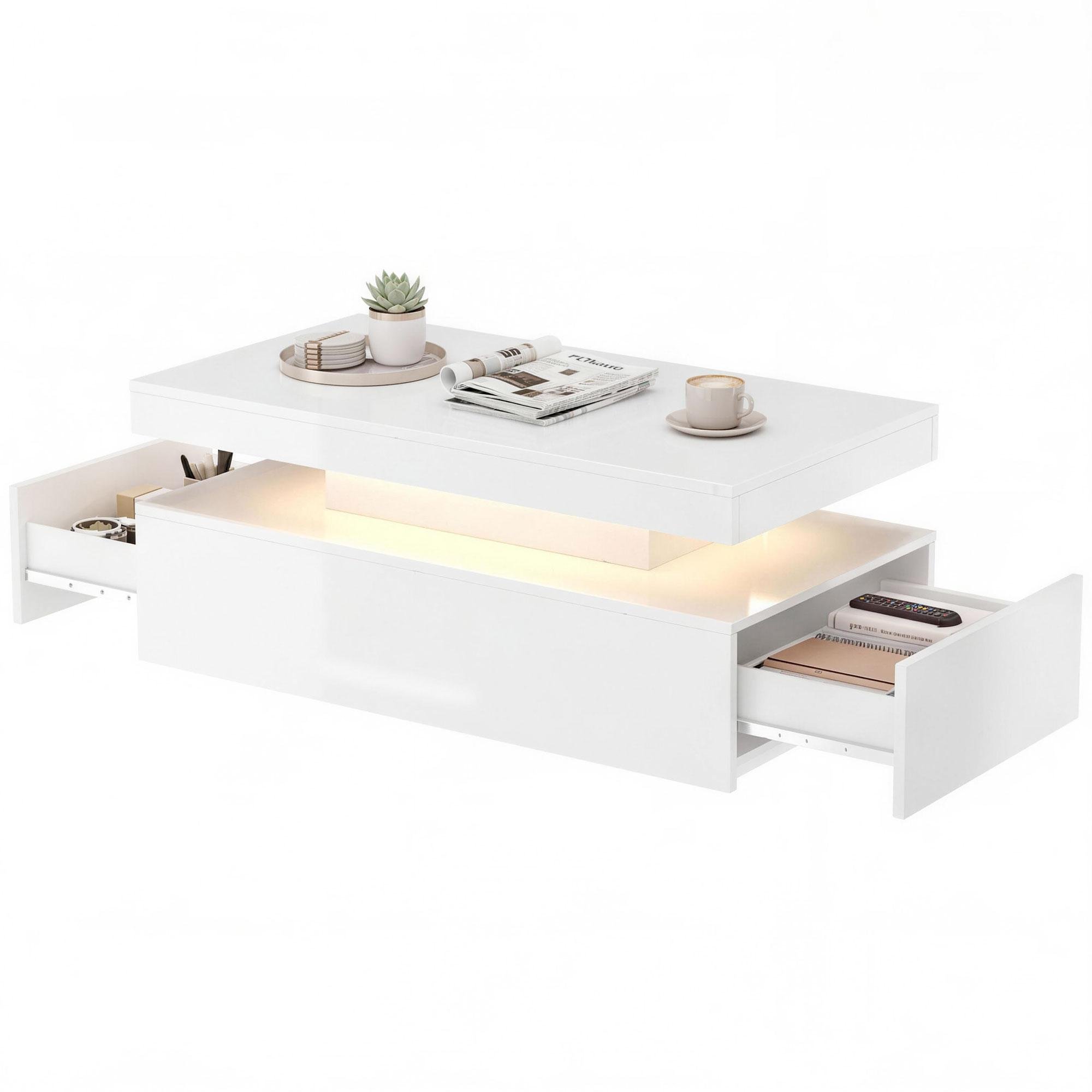 White Gloss LED Coffee Table with Two Drawers