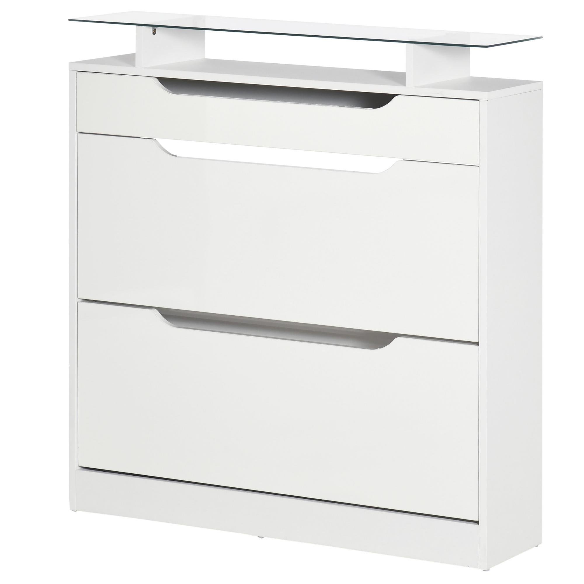 High Gloss White Shoe Cabinet with Glass Top, 16 Pairs