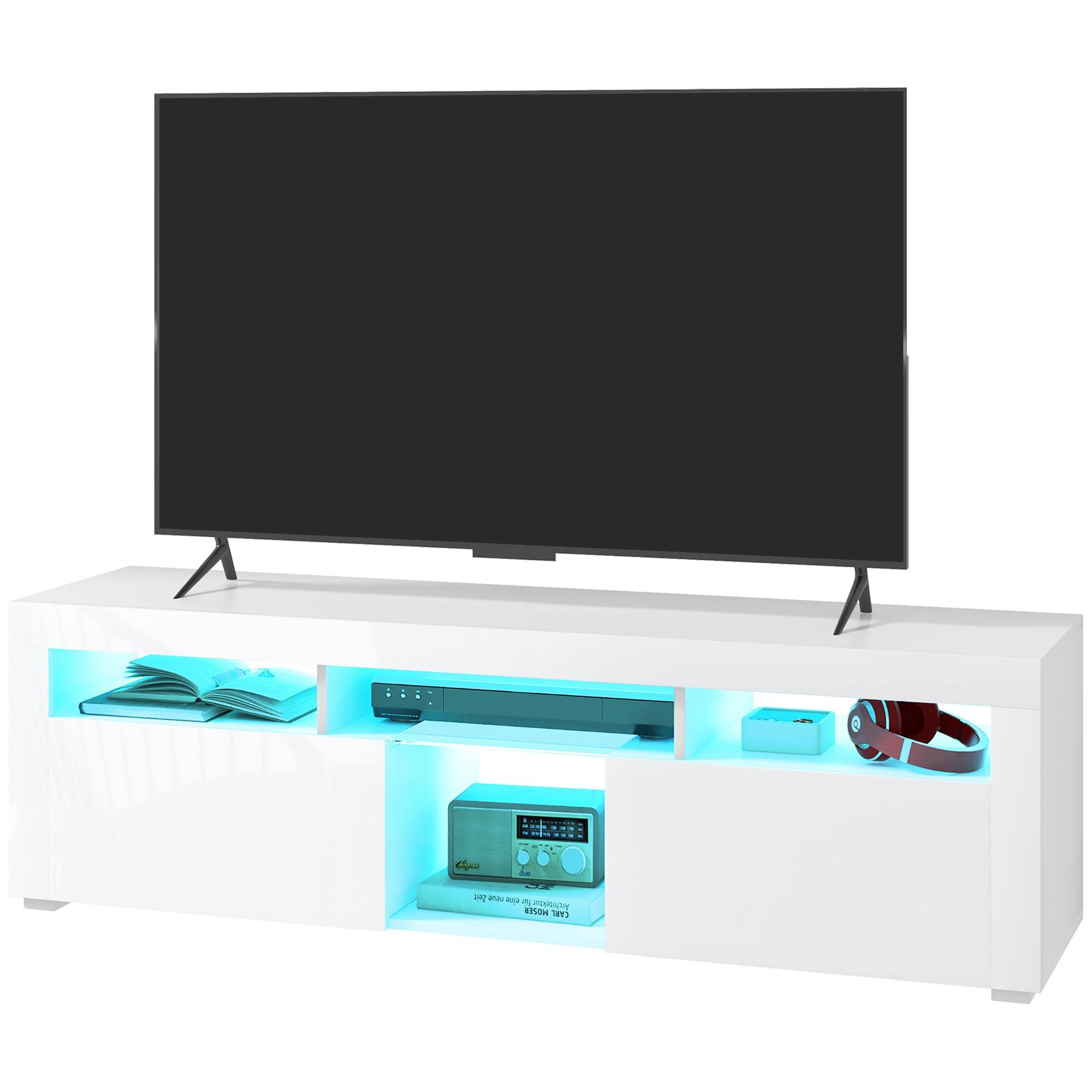 High Gloss White TV Cabinet with LED Lights, 55-Inch