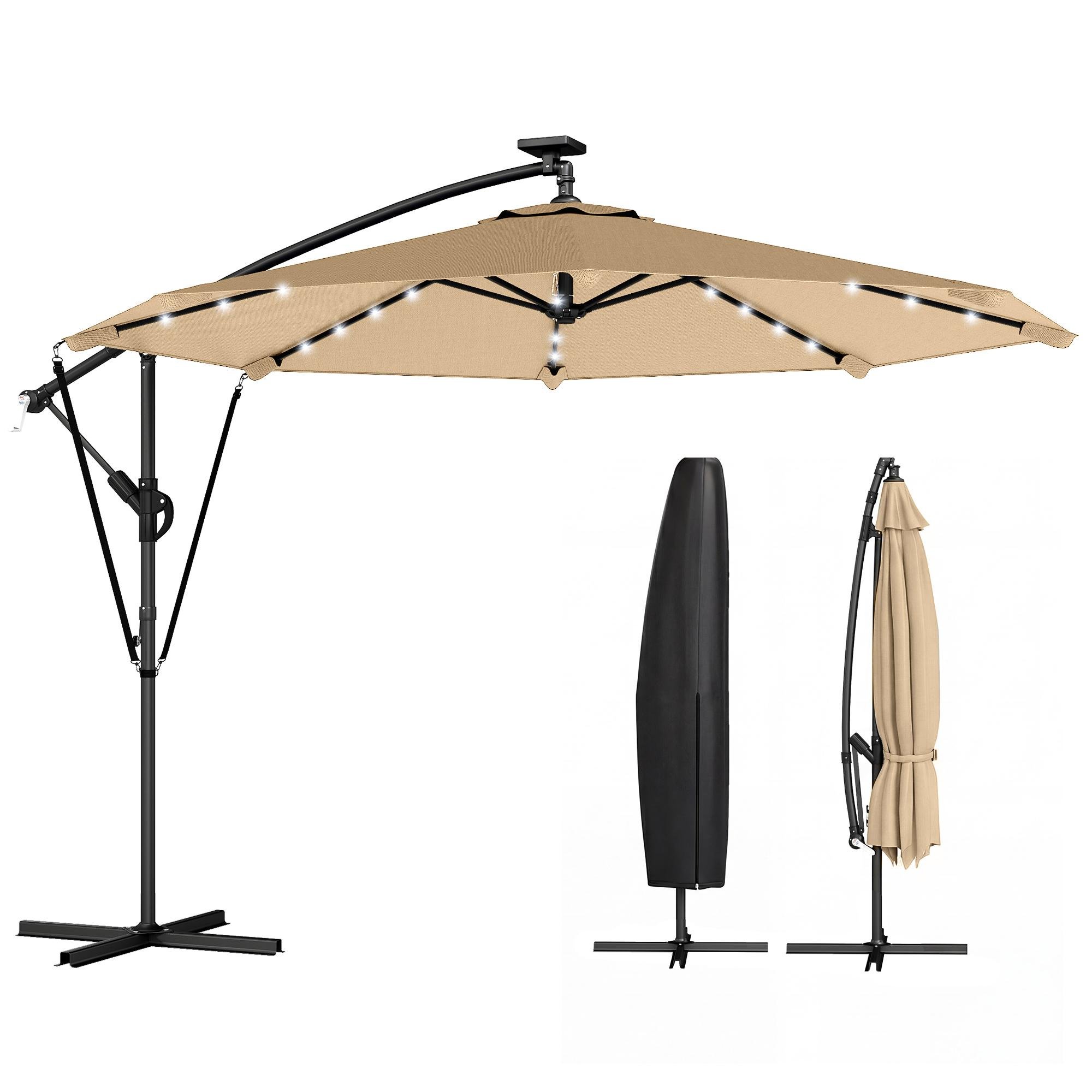 Khaki Solar LED Cantilever Umbrella with 32 Lights