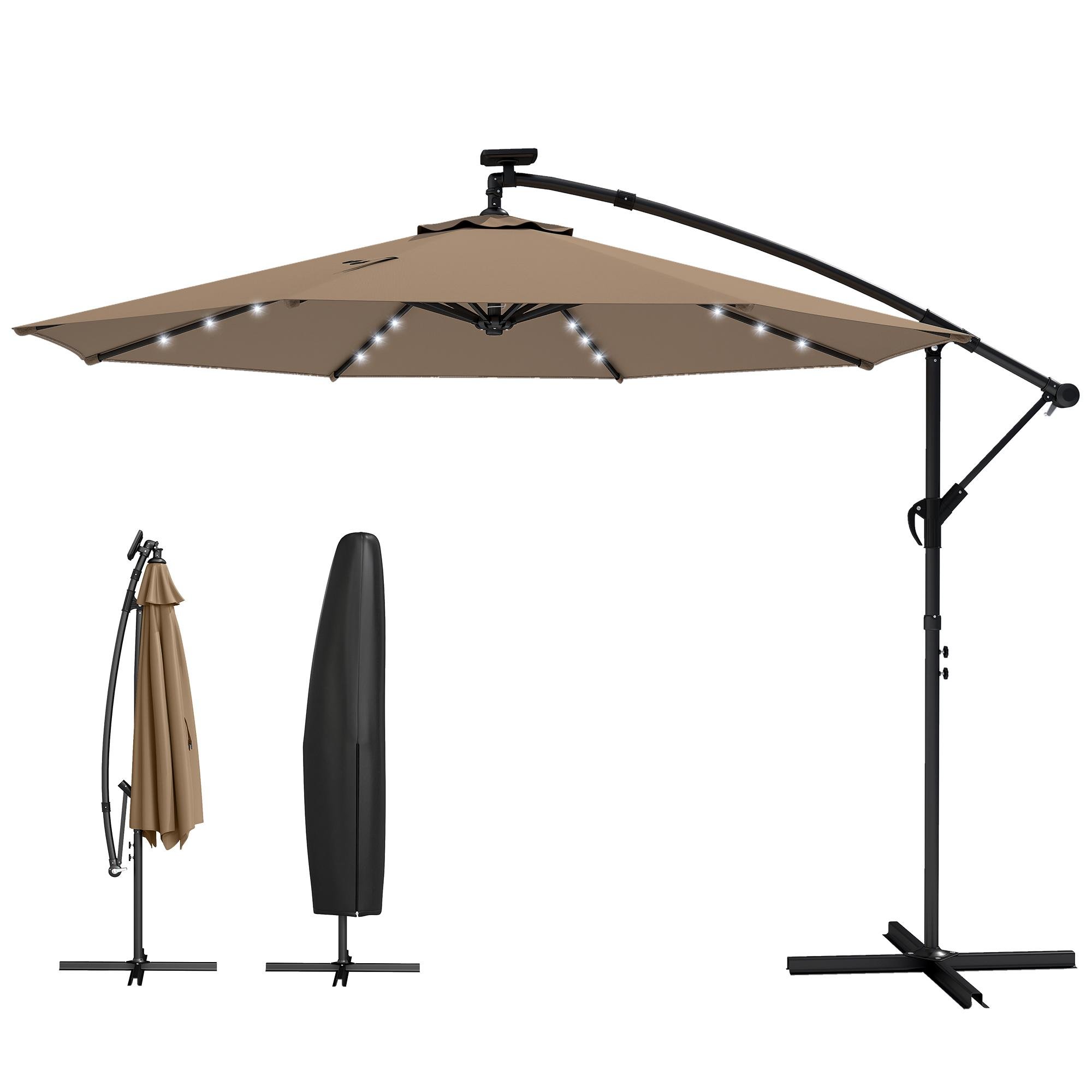Khaki Solar Cantilever Umbrella with LED Lights