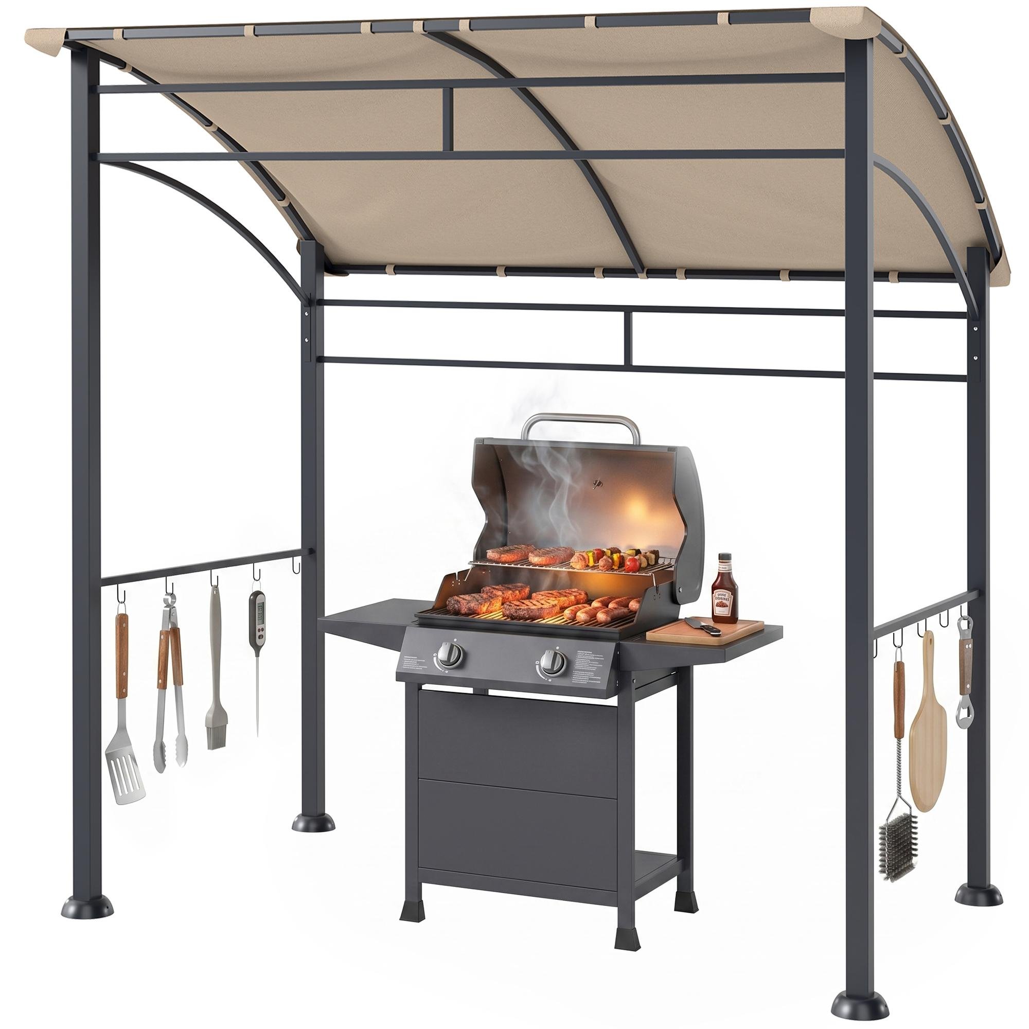 Khaki Curved Grill Gazebo with 10 Hooks, 84.6 x 59.1 in