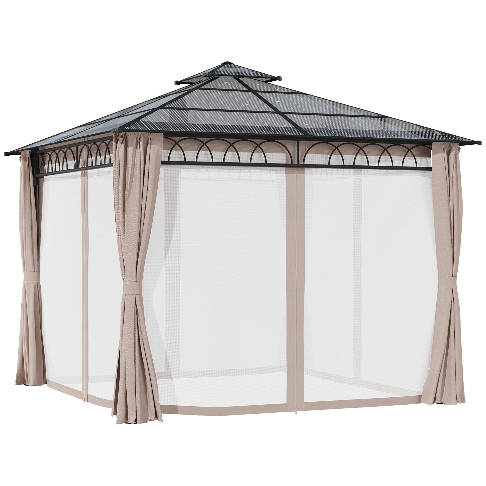 Khaki Polycarbonate Hardtop Gazebo with Curtains, 9' x 10'
