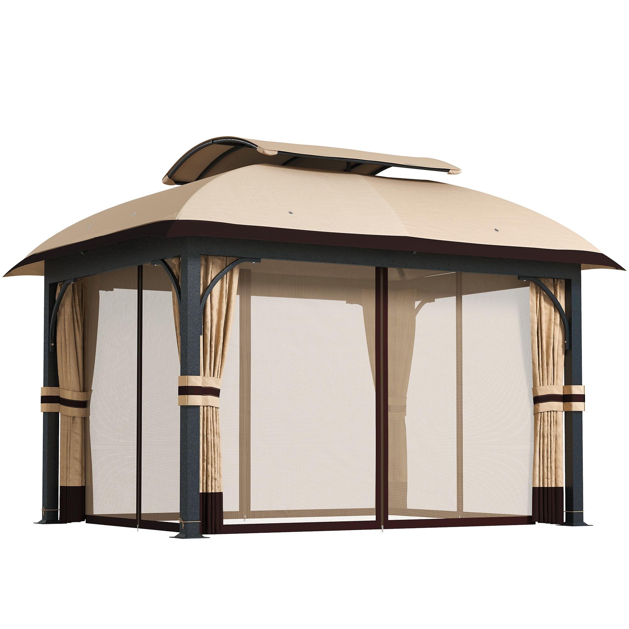 Khaki 13 ft Patio Gazebo with Double-Tier Roof