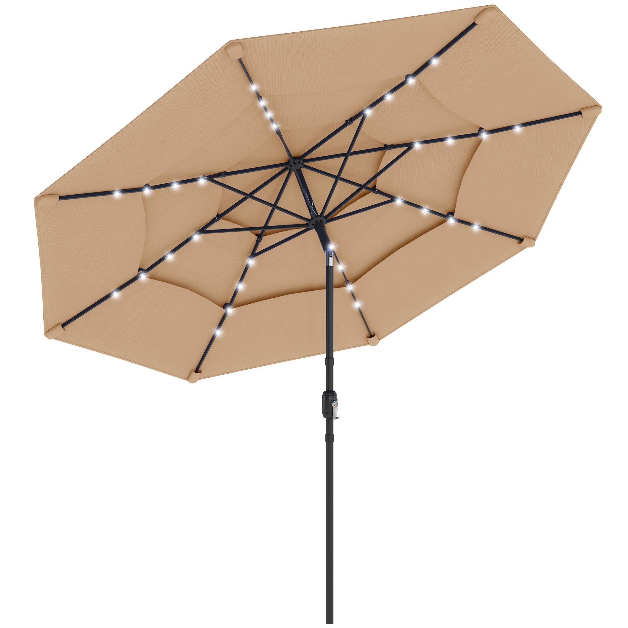 9.3 ft khaki patio umbrella with solar LED lights