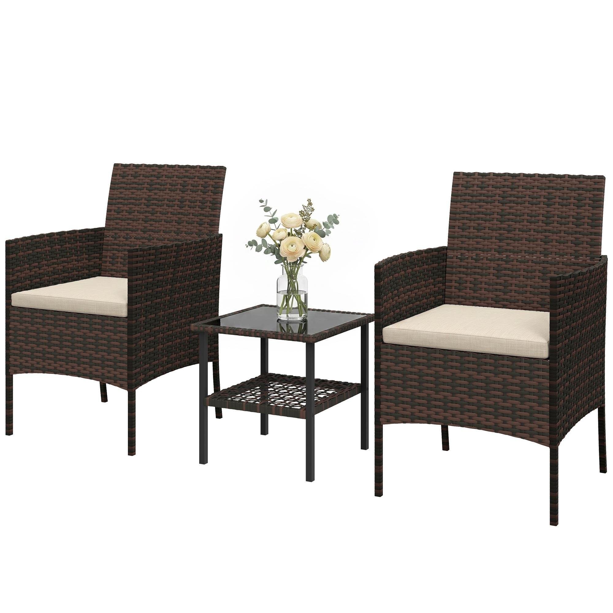 Khaki PE Wicker Bistro Set with 2-Tier Glass Table